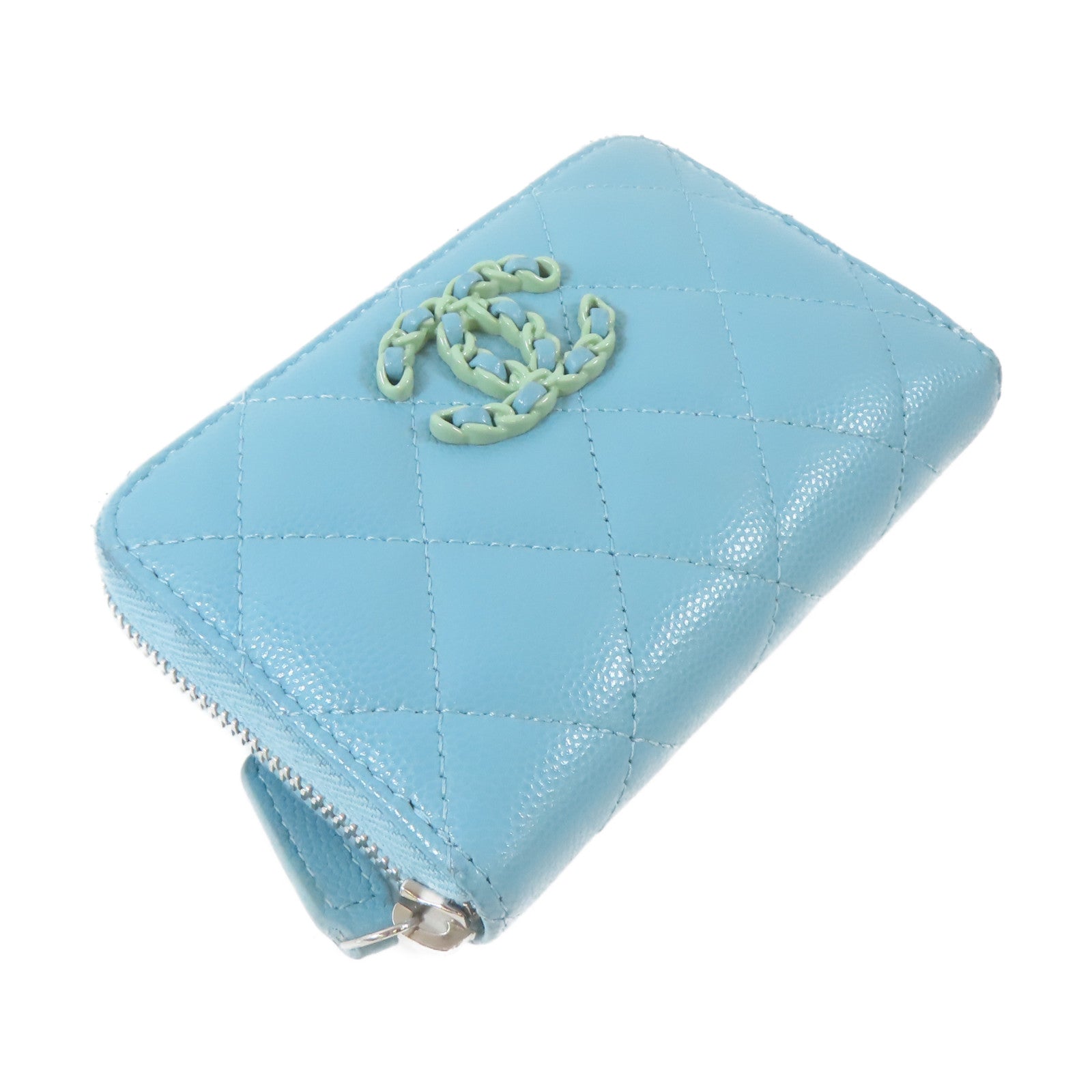 CHANEL 菱格Caviar皮革Round Wallet銀扣錢包綠松石色