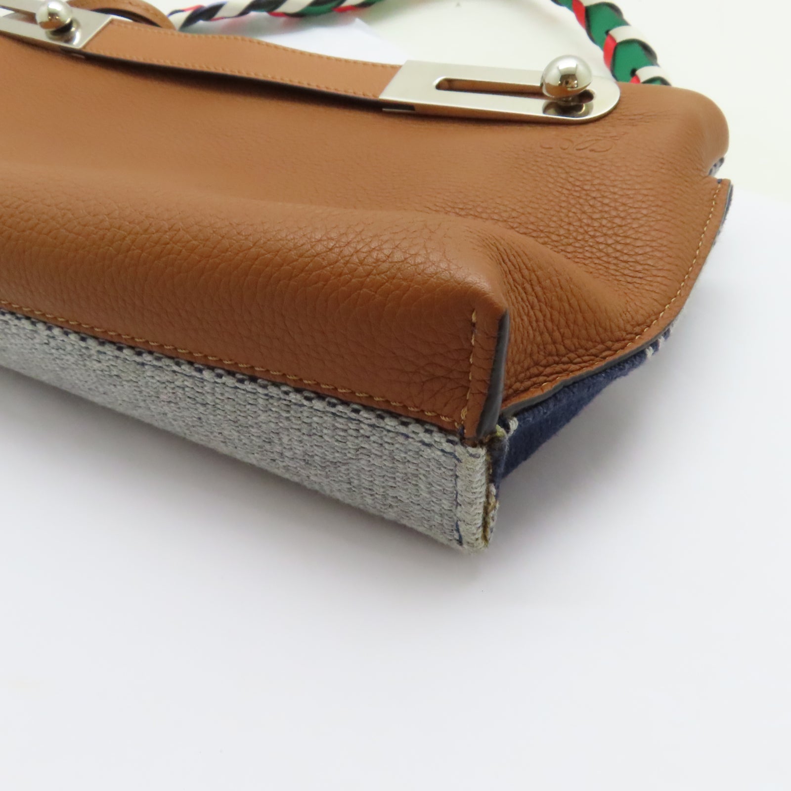 LOEWE 牛皮皮革/帆布Shoulder Bag銀扣手挽肩背兩用袋藍色/啡色