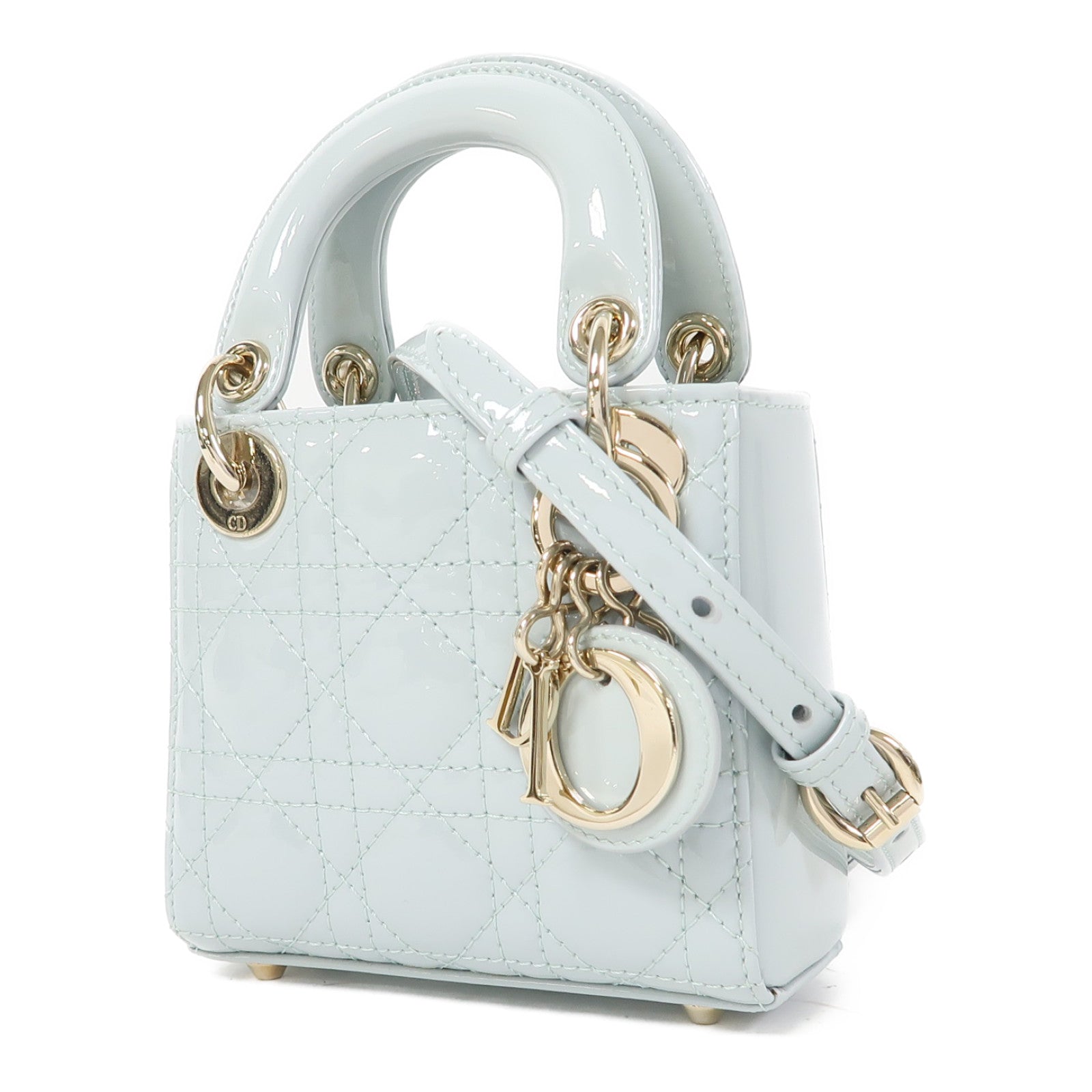 Dior 漆皮皮革Mini Lady Dior銀扣手挽肩背兩用袋淺藍色