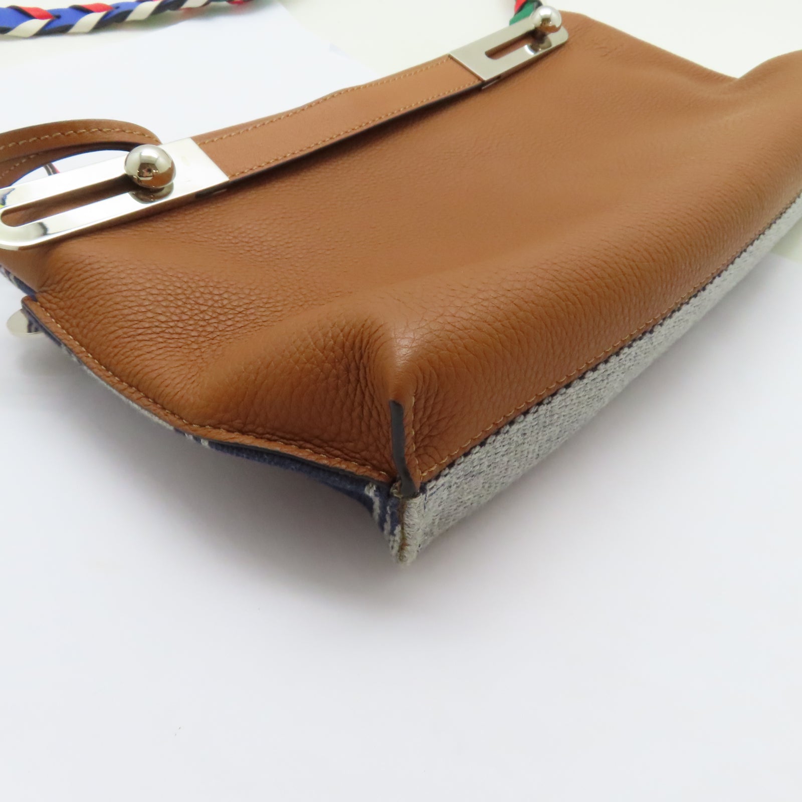 LOEWE 牛皮皮革/帆布Shoulder Bag銀扣手挽肩背兩用袋藍色/啡色