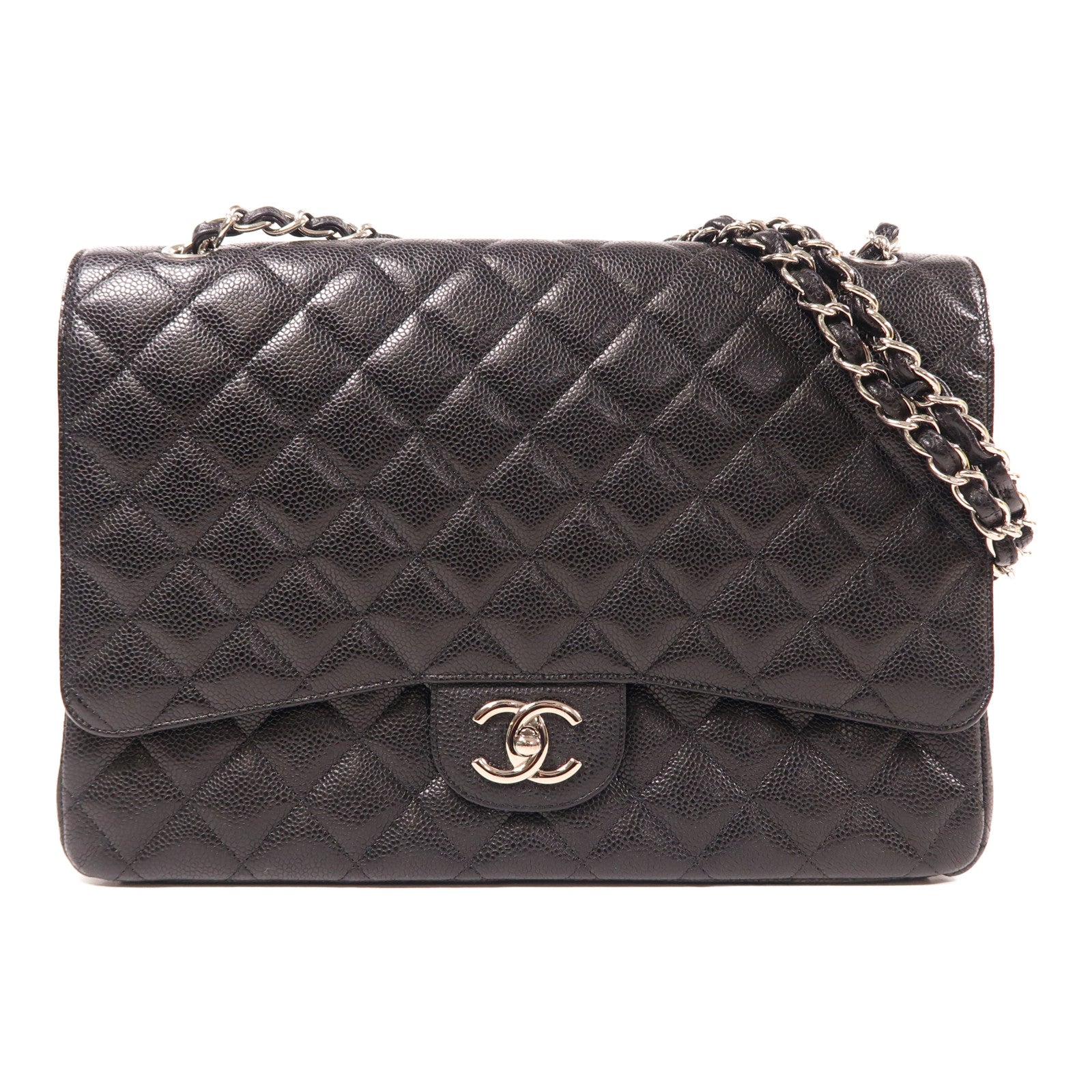 CHANEL 牛皮皮革Maxi Classic銀扣鏈帶肩背袋