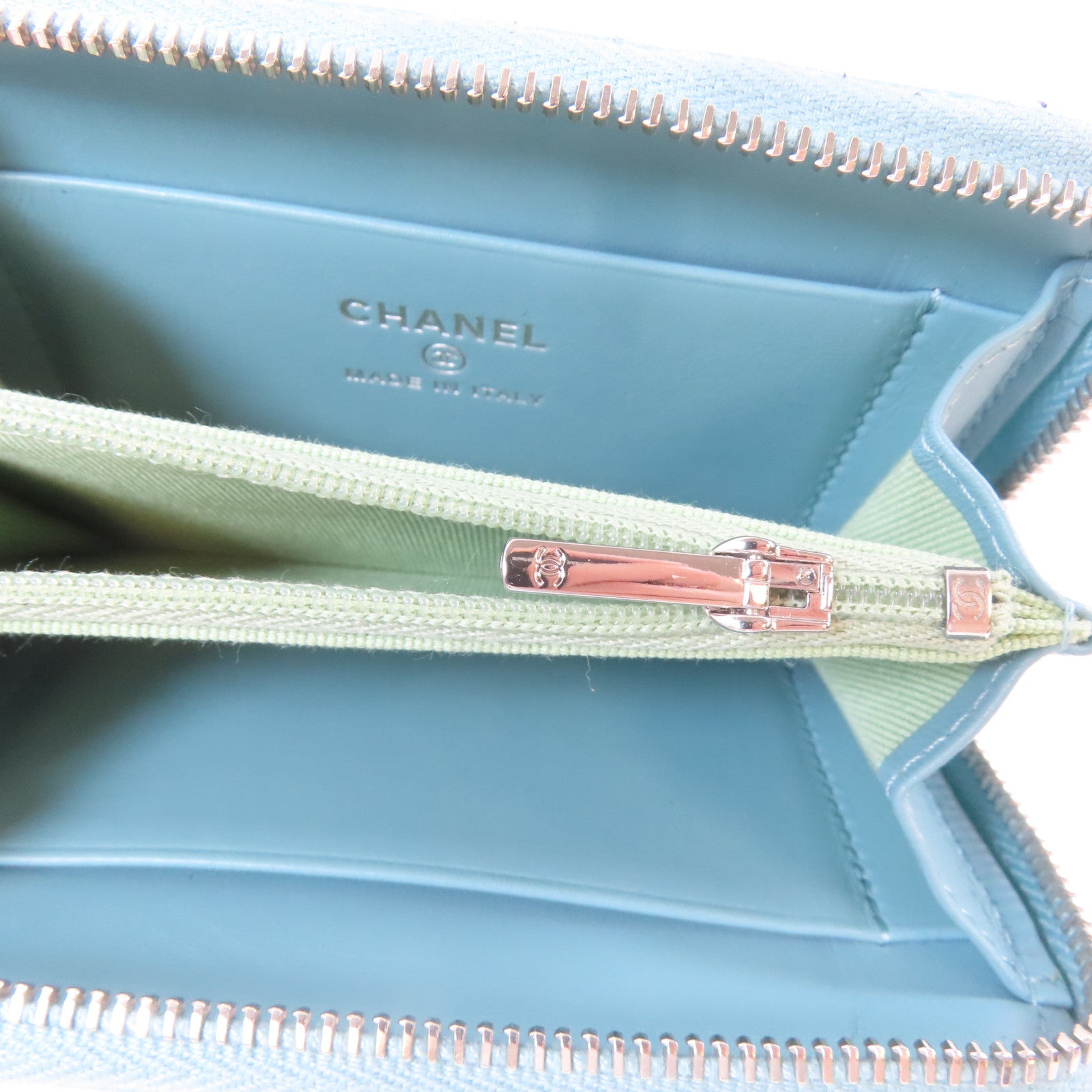 CHANEL 菱格Caviar皮革Round Wallet銀扣錢包綠松石色