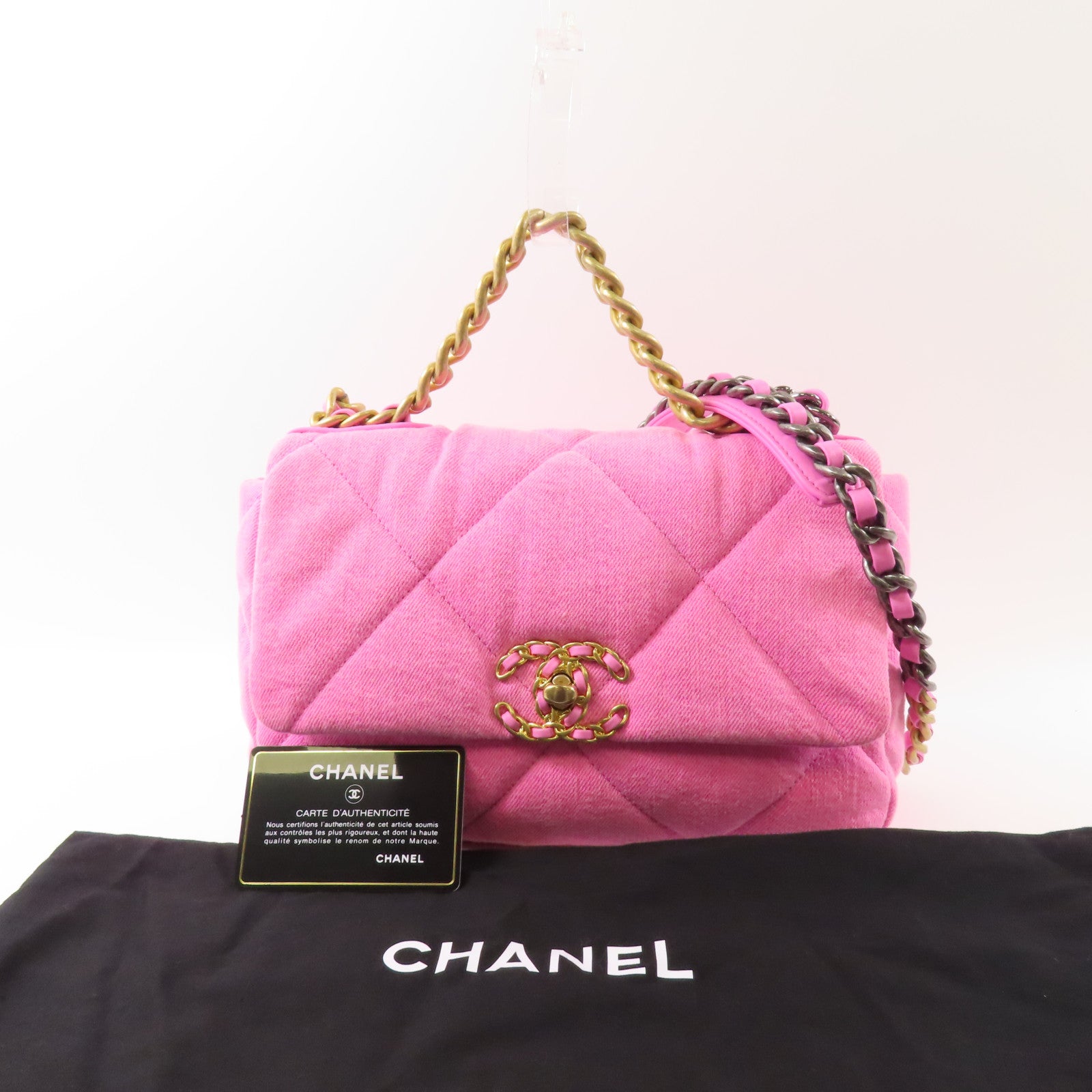 CHANEL 帆布Chanel 19金扣鏈帶手挽肩背兩用袋