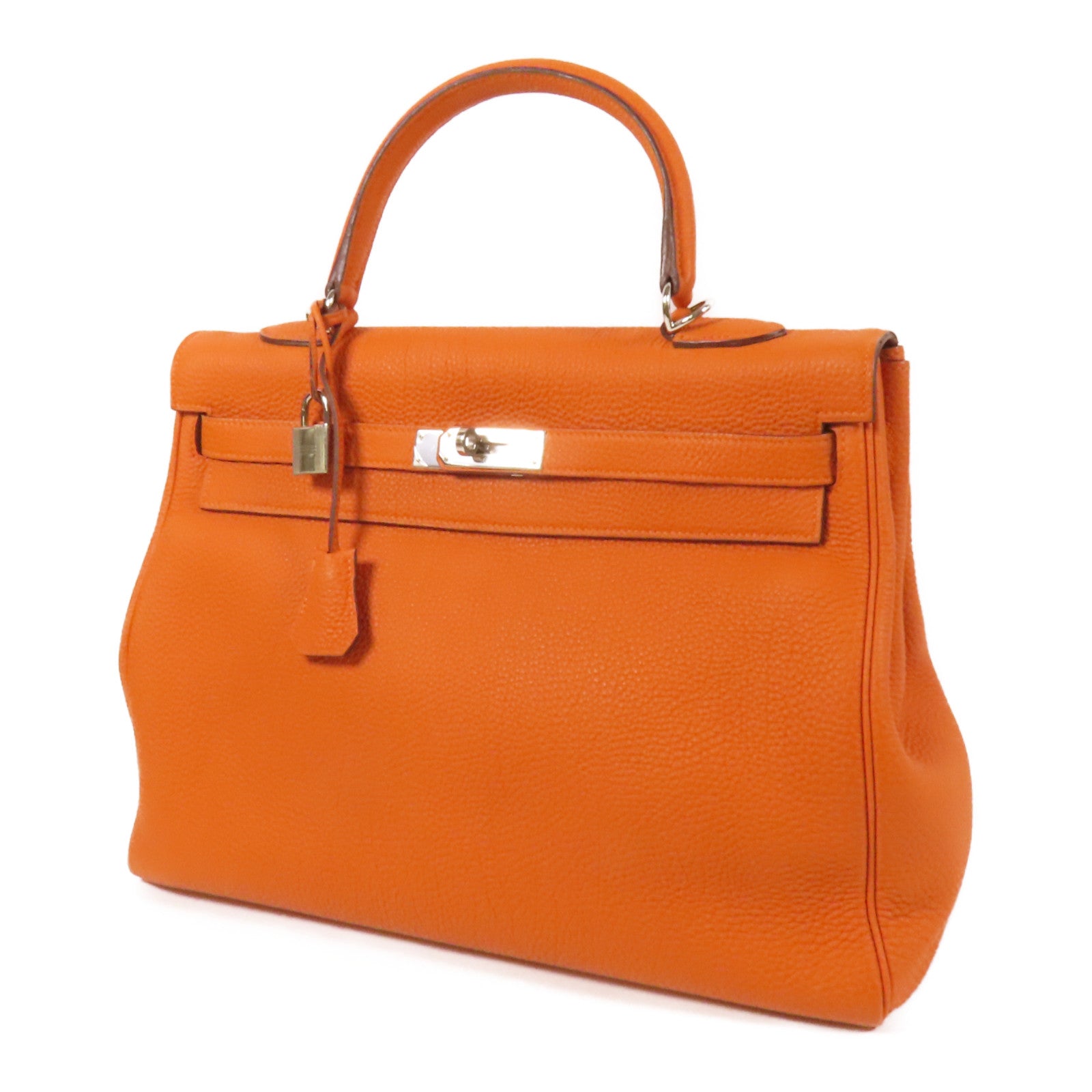 HERMES Clemence皮革Kelly 35銀扣手挽肩背兩用袋Classic Orange