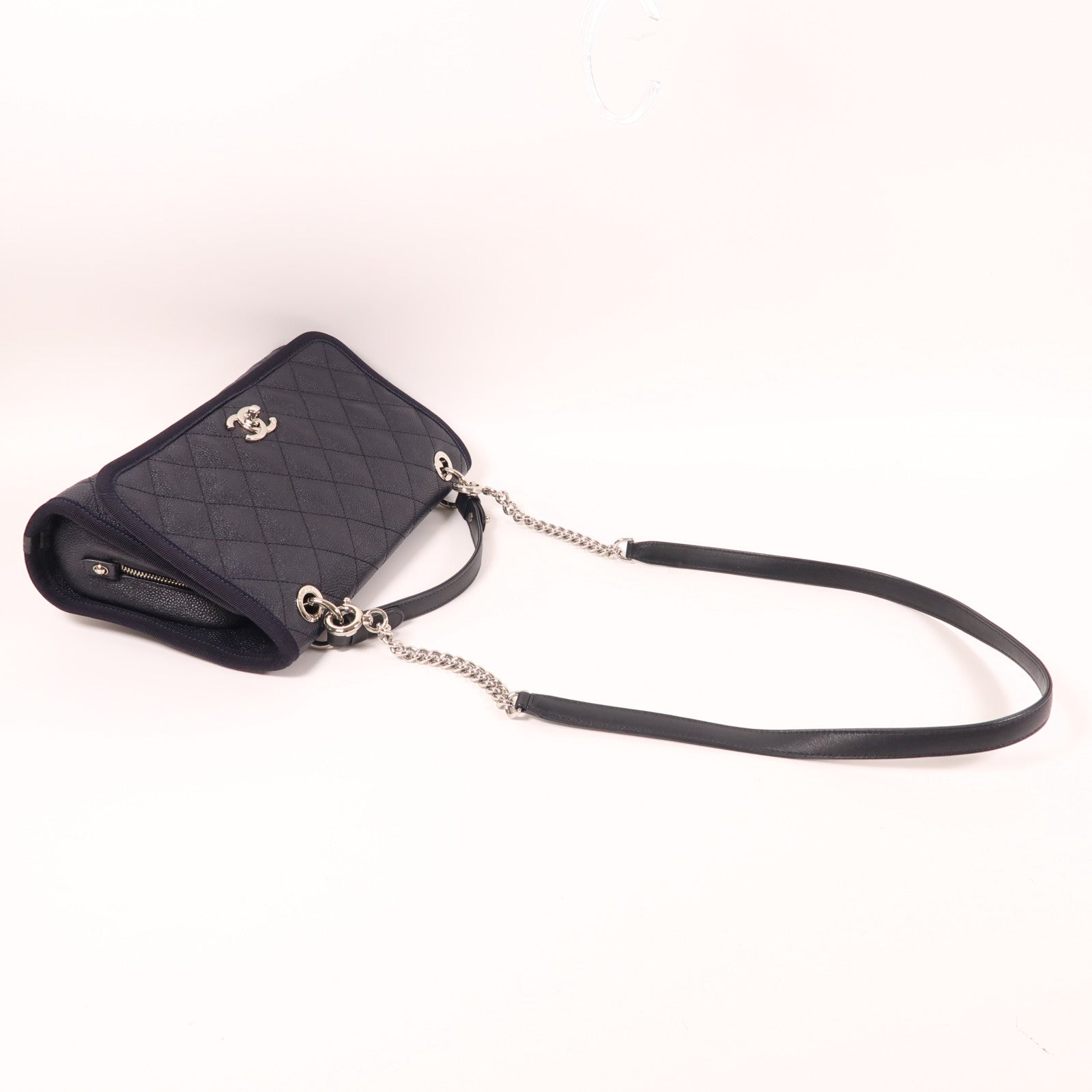 CHANEL 牛皮皮革Shoulder Bag銀扣手挽肩背兩用袋深藍色