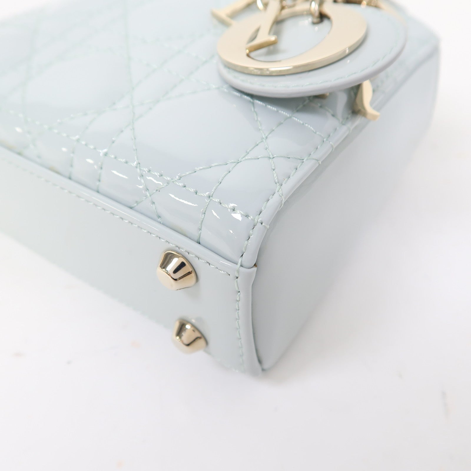 Dior 漆皮皮革Mini Lady Dior銀扣手挽肩背兩用袋淺藍色