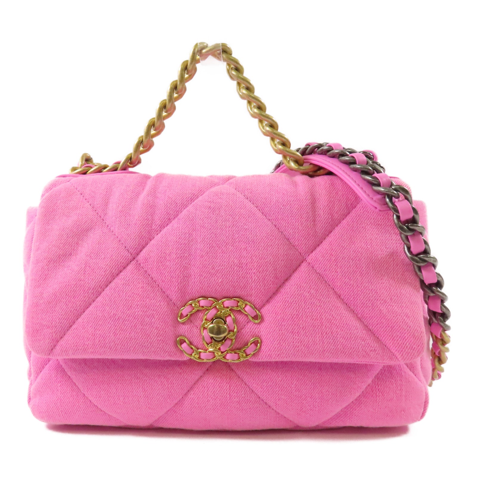CHANEL 帆布Chanel 19金扣鏈帶手挽肩背兩用袋