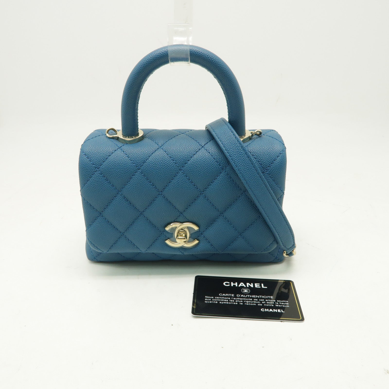 CHANEL 【激減優惠】菱格Caviar皮革Coco Handle金扣手挽肩背兩用袋藍色