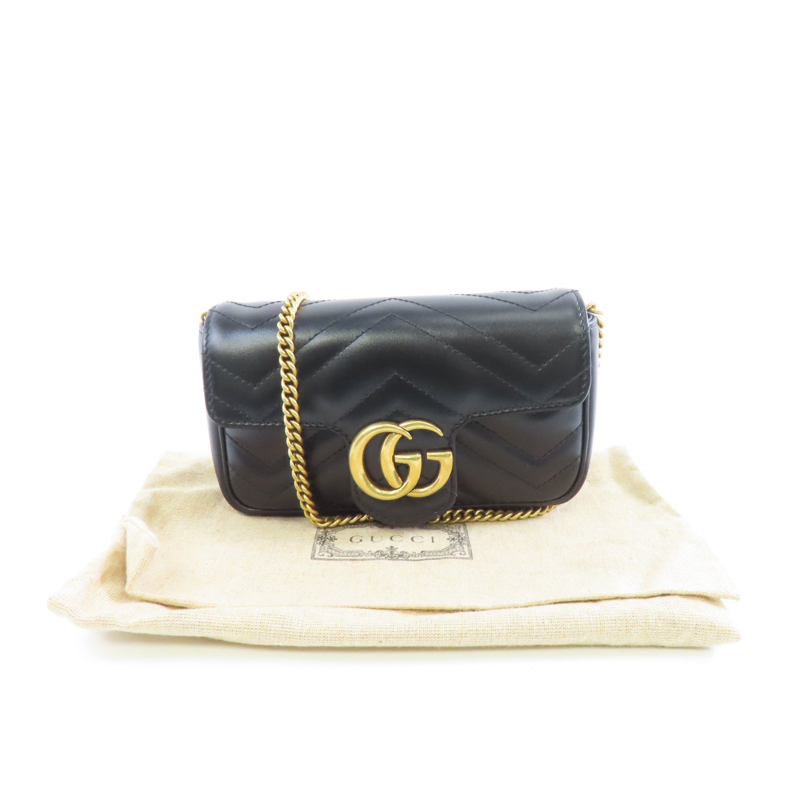 GUCCI 牛皮皮革GG Marmont金扣鏈帶肩背袋黑色