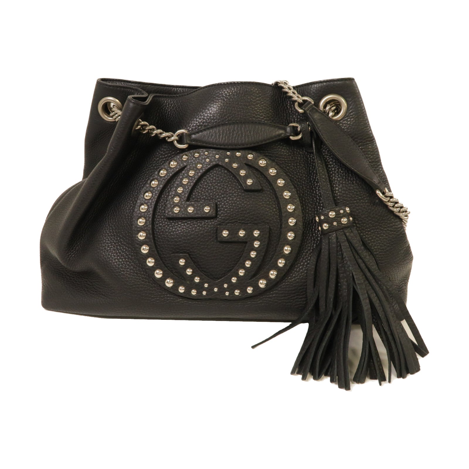 GUCCI 牛皮皮革Shoulder Bag銀扣鏈帶肩背袋黑色