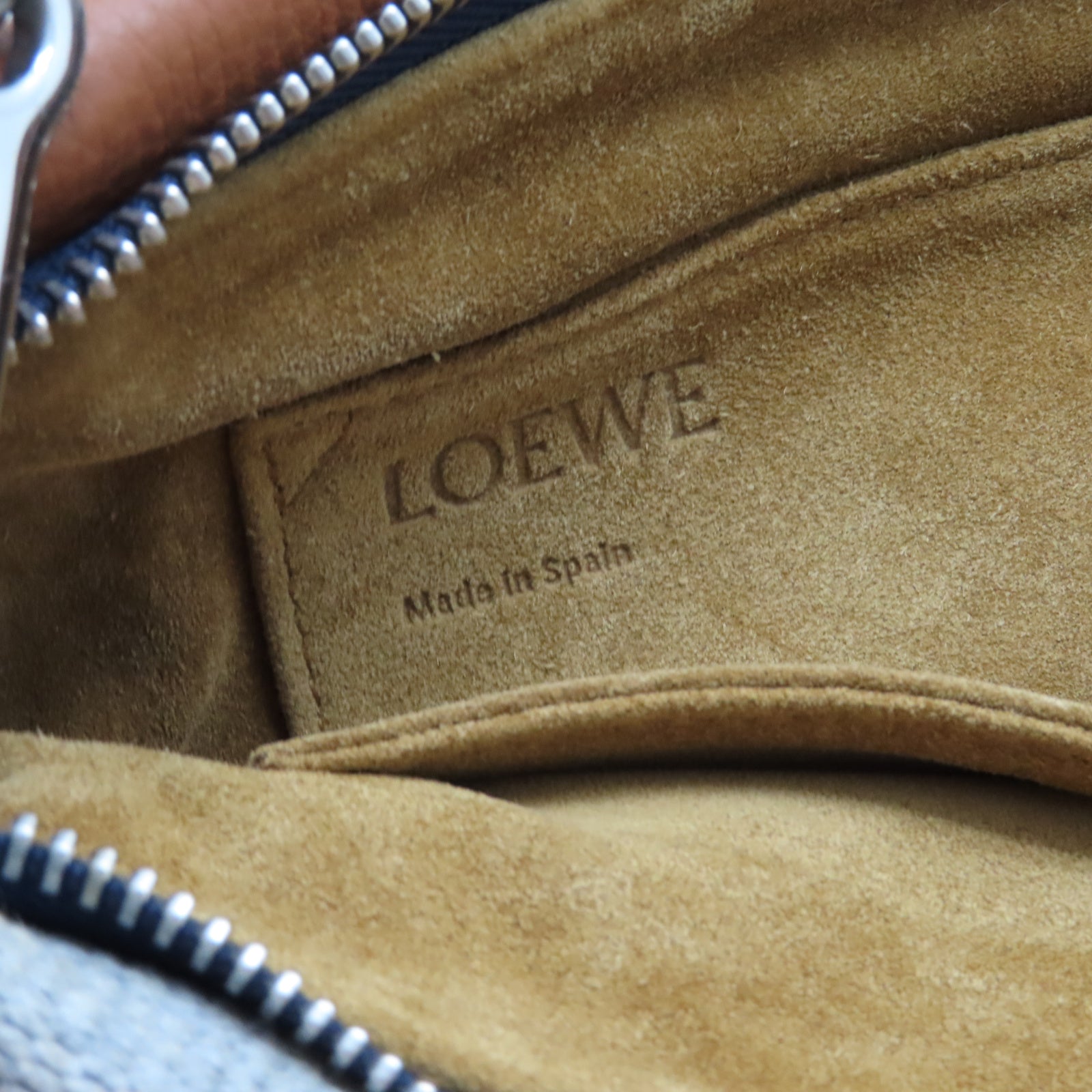 LOEWE 牛皮皮革/帆布Shoulder Bag銀扣手挽肩背兩用袋藍色/啡色