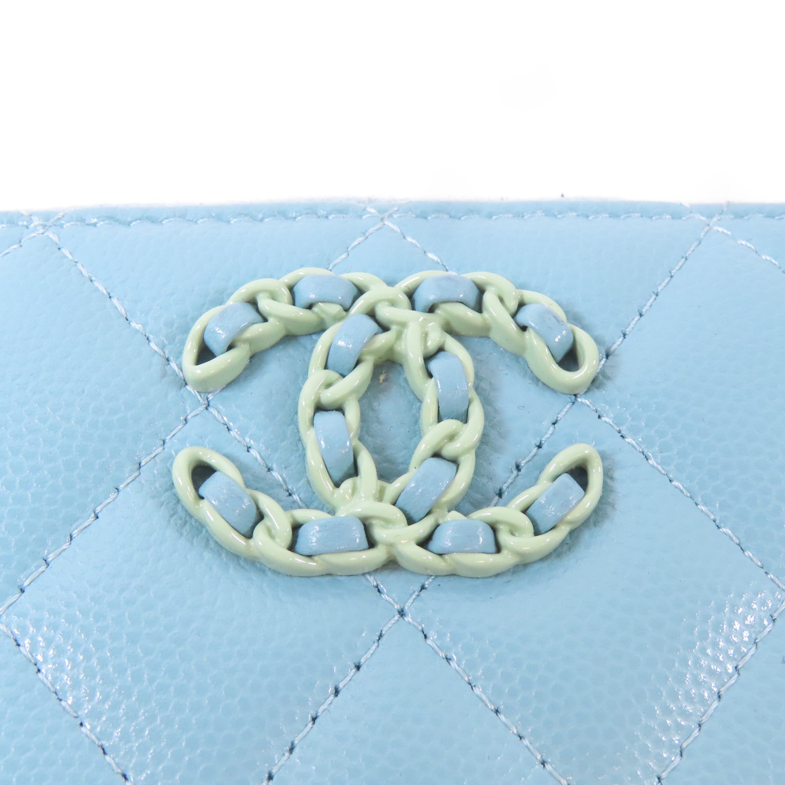 CHANEL 菱格Caviar皮革Round Wallet銀扣錢包綠松石色