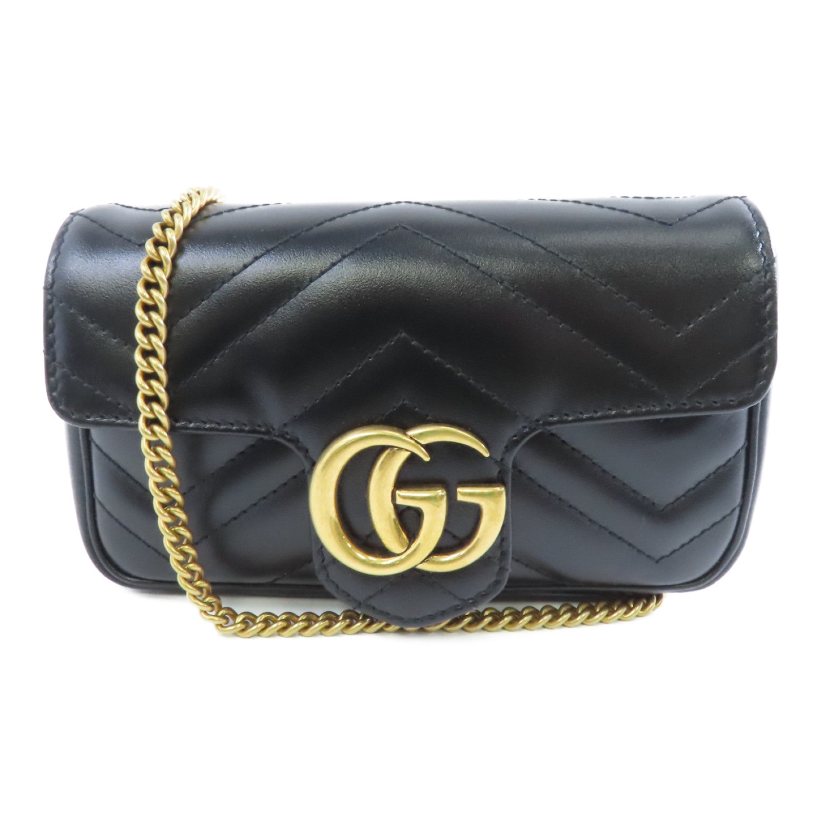 GUCCI 牛皮皮革GG Marmont金扣鏈帶肩背袋黑色