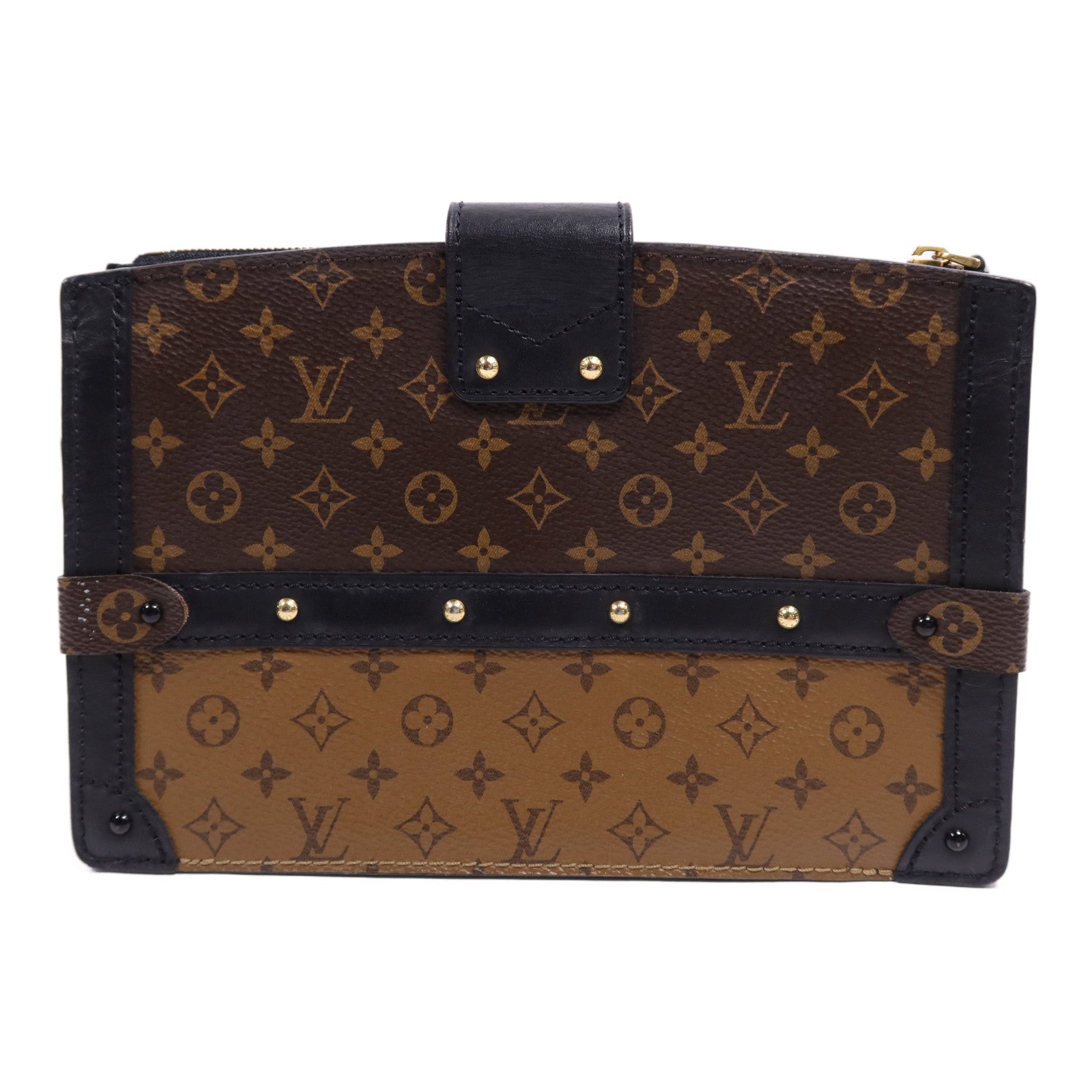 LOUIS VUITTON 【激減優惠】Monogram Reverse Trunk Clutch金扣肩背袋棕色