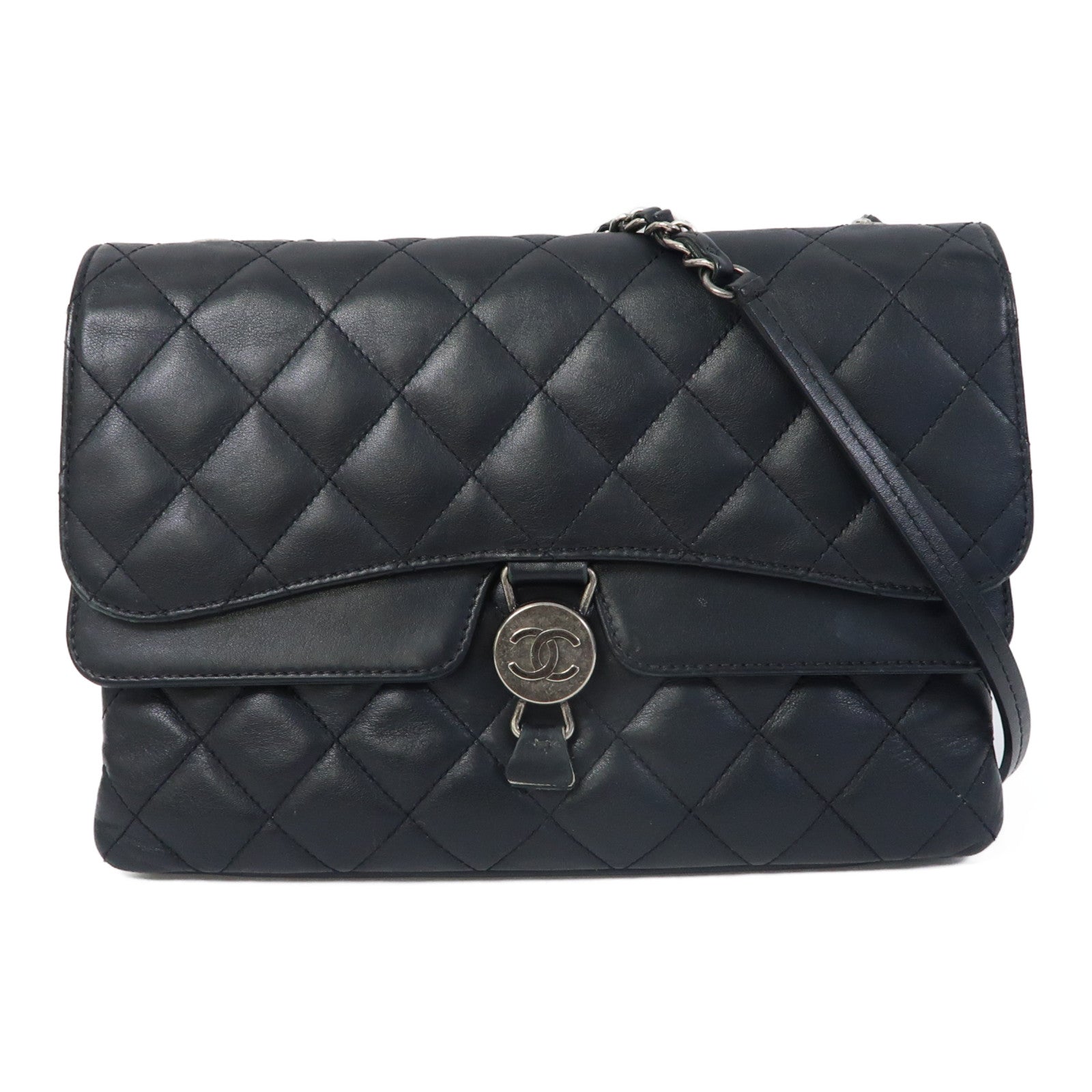 CHANEL 菱格牛皮皮革Chain Shoulder Bag銀扣鏈帶肩背袋黑色