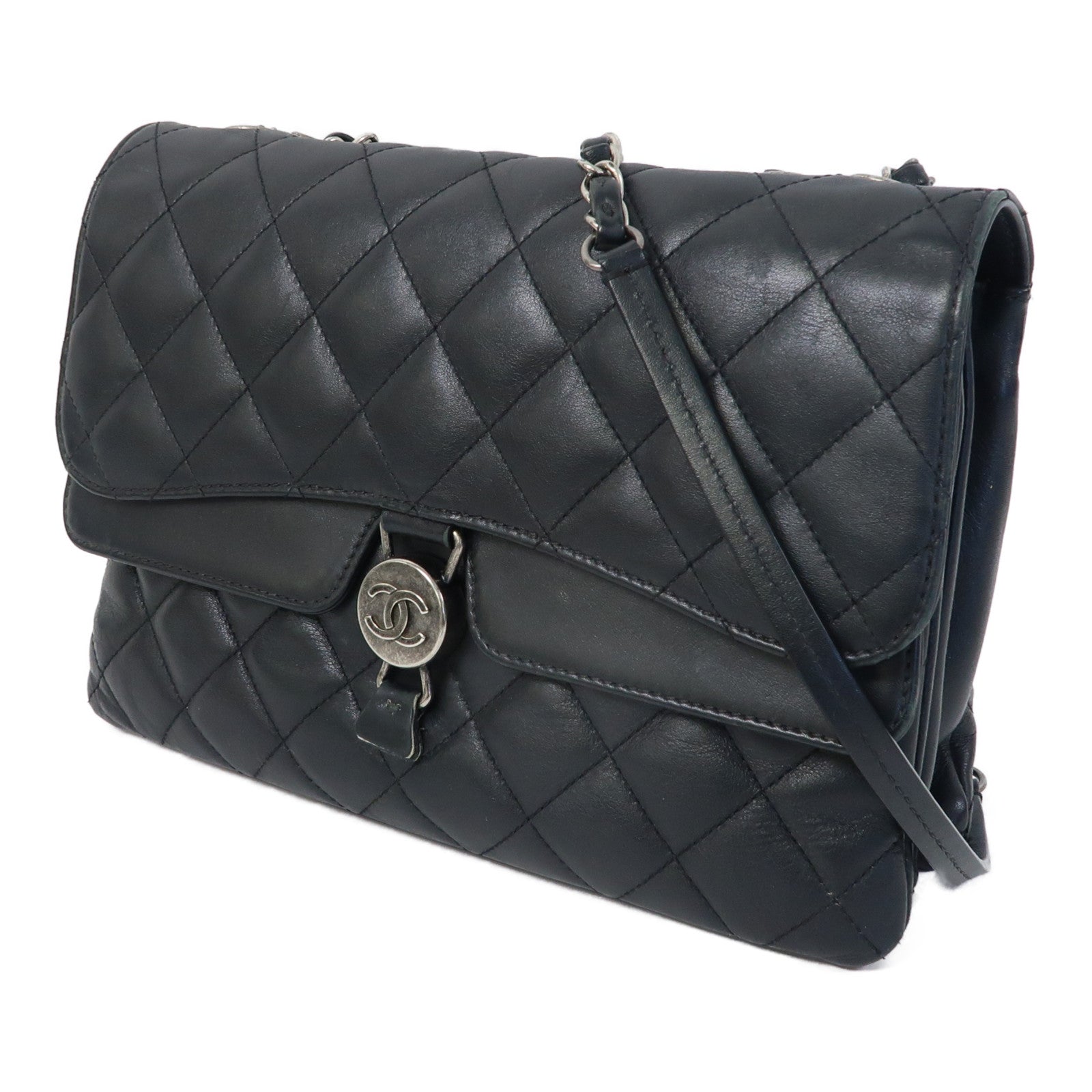 CHANEL 菱格牛皮皮革Chain Shoulder Bag銀扣鏈帶肩背袋黑色