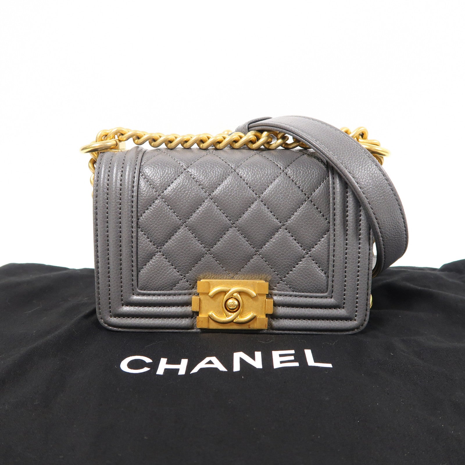 CHANEL 【激減優惠】菱格Caviar皮革Mini Boy金扣鏈帶肩背袋灰色