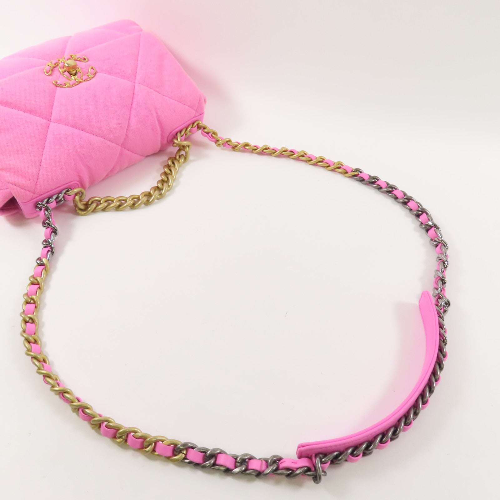 CHANEL 帆布Chanel 19金扣鏈帶手挽肩背兩用袋