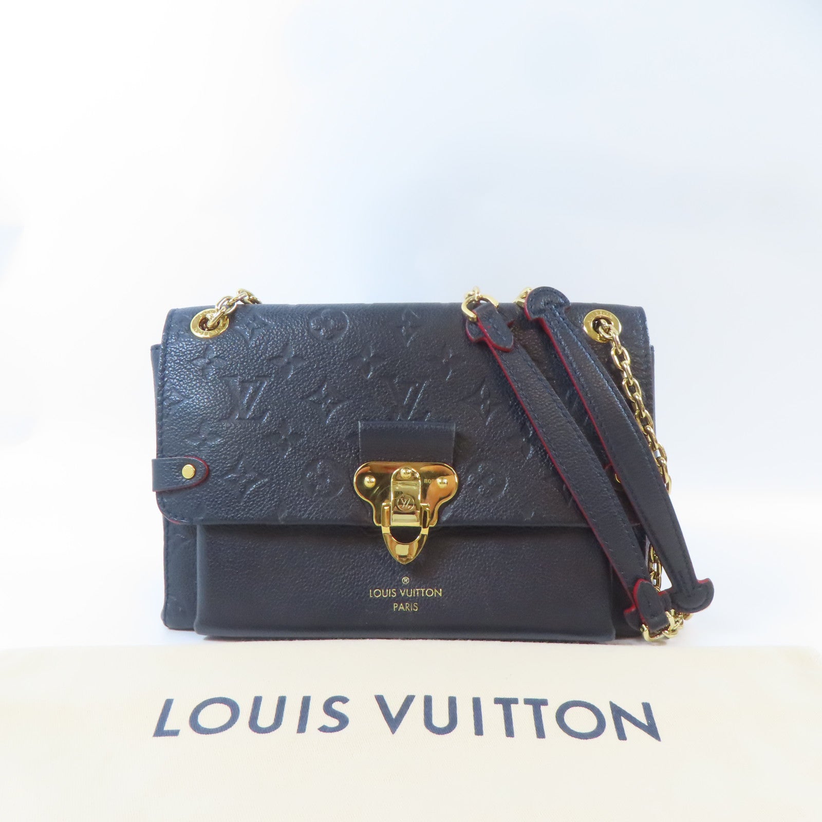 LOUIS VUITTON Monogram Empreinte Vavin PM金扣鏈帶肩背袋深藍色