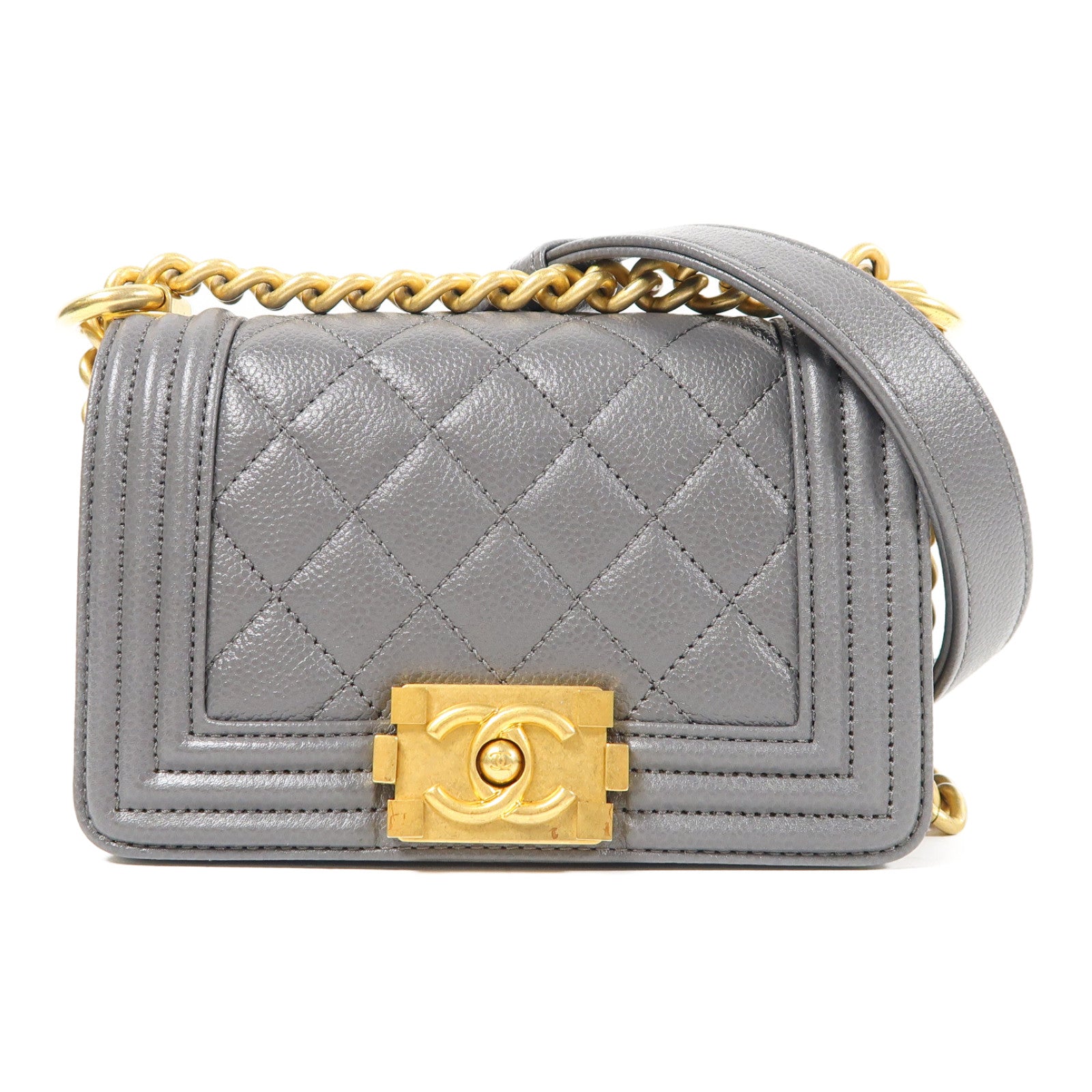 CHANEL 【激減優惠】菱格Caviar皮革Mini Boy金扣鏈帶肩背袋灰色