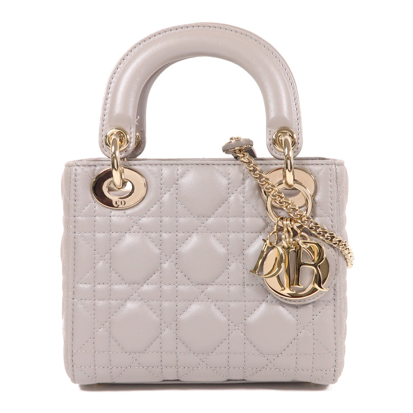 Dior 羊皮皮革Lady Dior Mini金扣手挽肩背兩用袋灰色