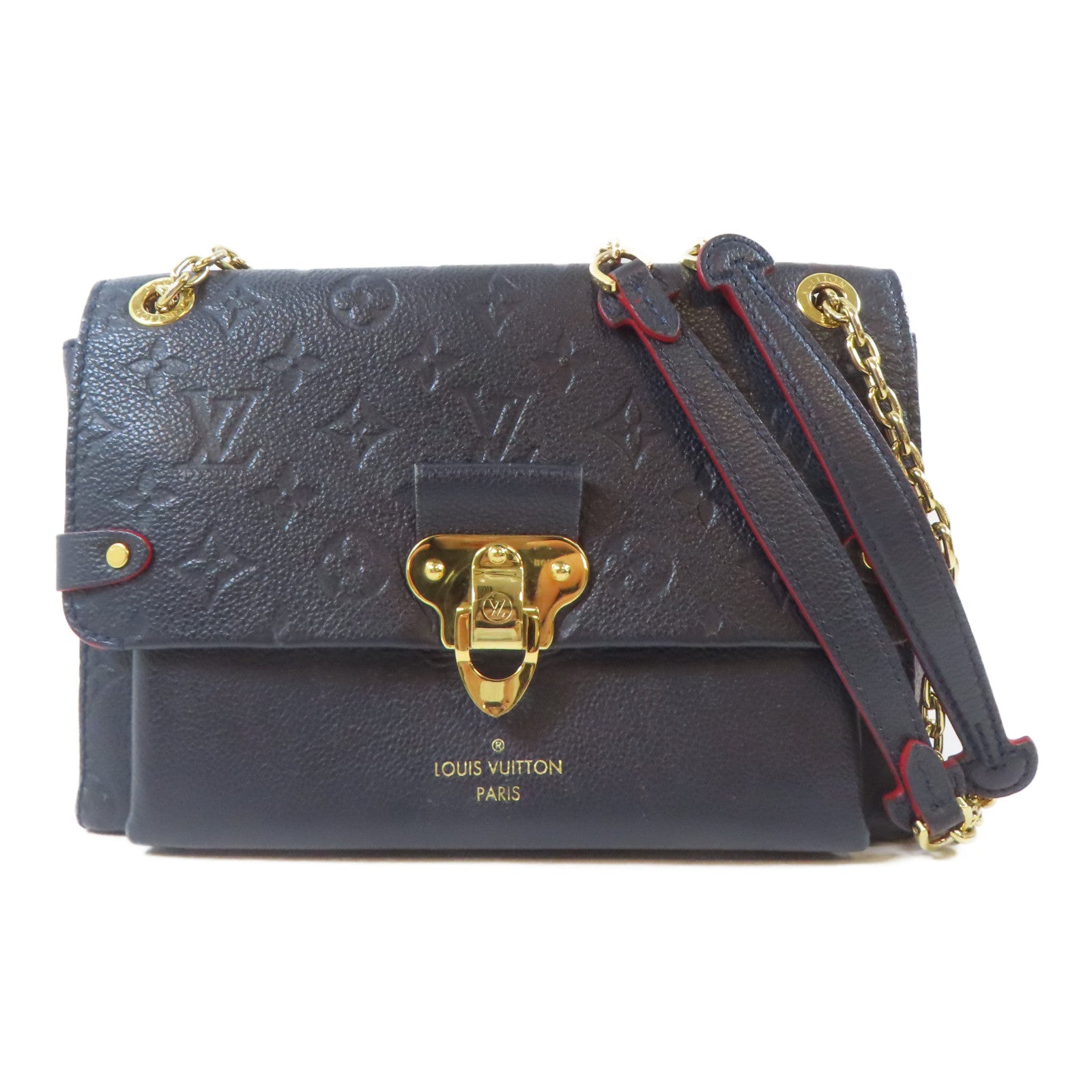 LOUIS VUITTON Monogram Empreinte Vavin PM金扣鏈帶肩背袋深藍色