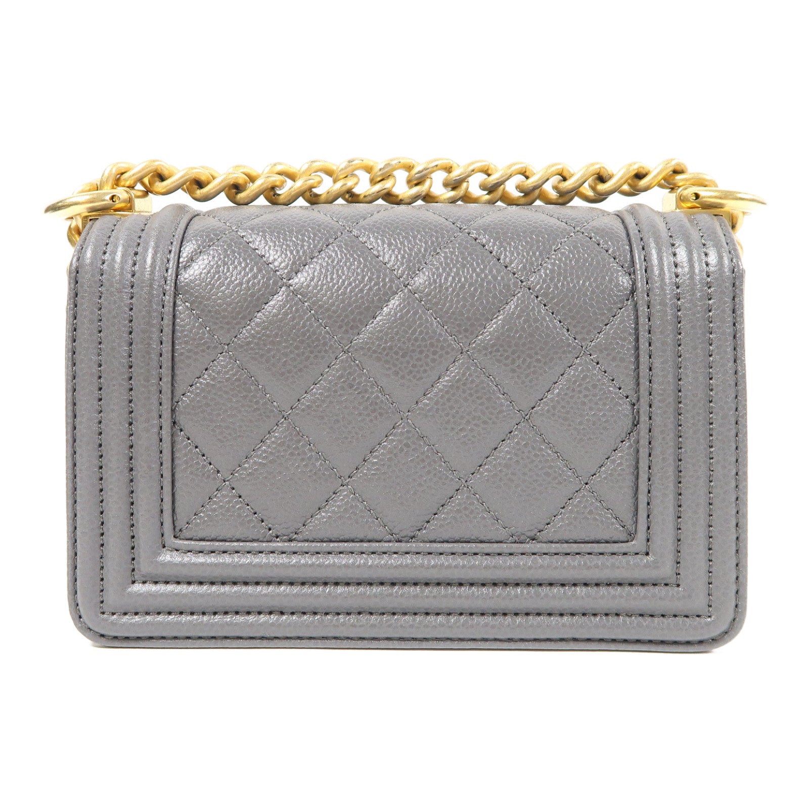 CHANEL 【激減優惠】菱格Caviar皮革Mini Boy金扣鏈帶肩背袋灰色