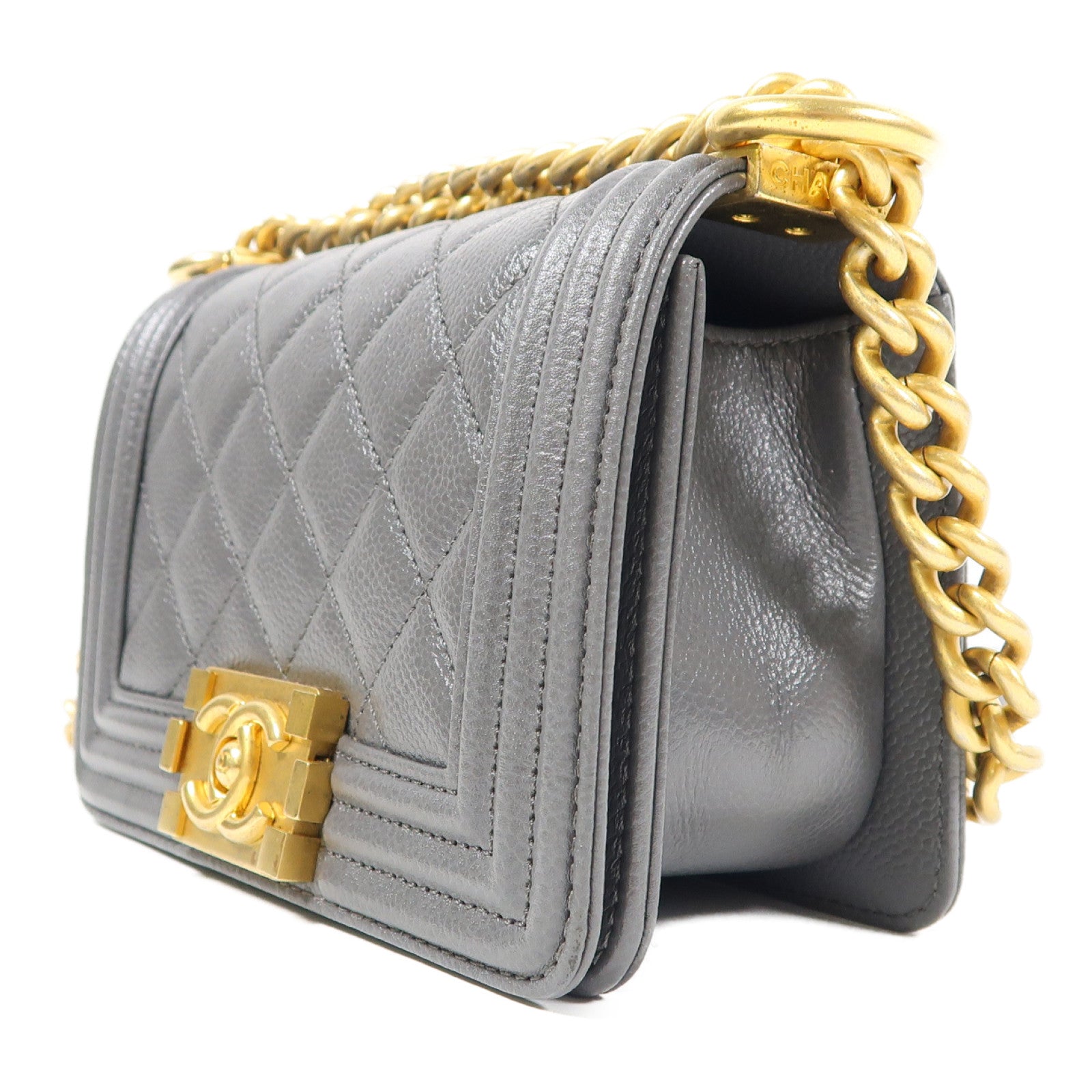 CHANEL 【激減優惠】菱格Caviar皮革Mini Boy金扣鏈帶肩背袋灰色