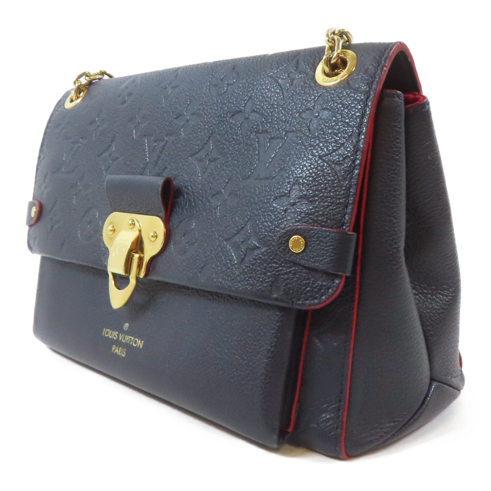 LOUIS VUITTON Monogram Empreinte Vavin PM金扣鏈帶肩背袋深藍色