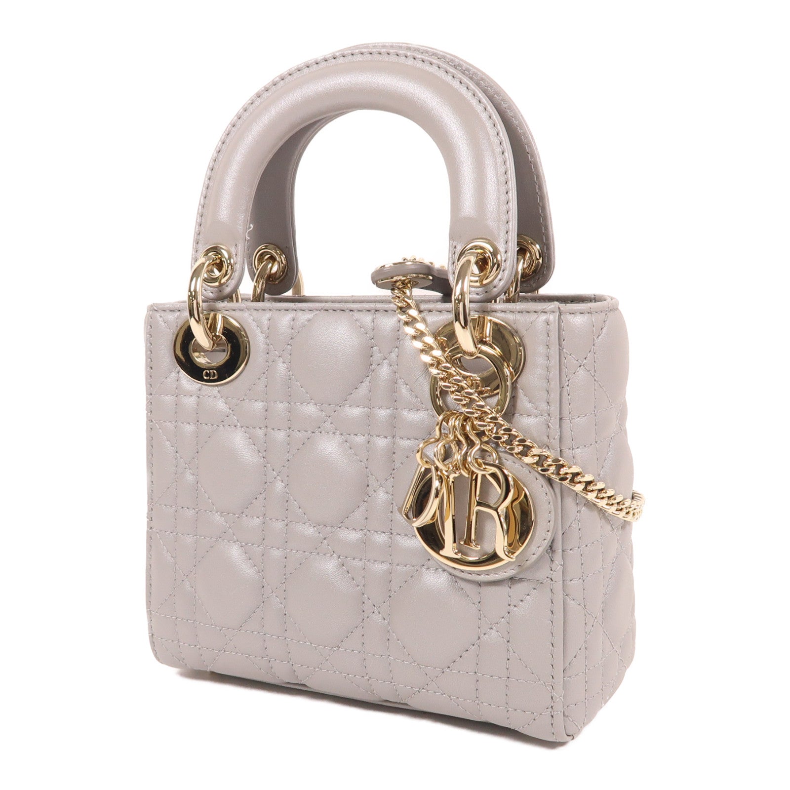 Dior 羊皮皮革Lady Dior Mini金扣手挽肩背兩用袋灰色