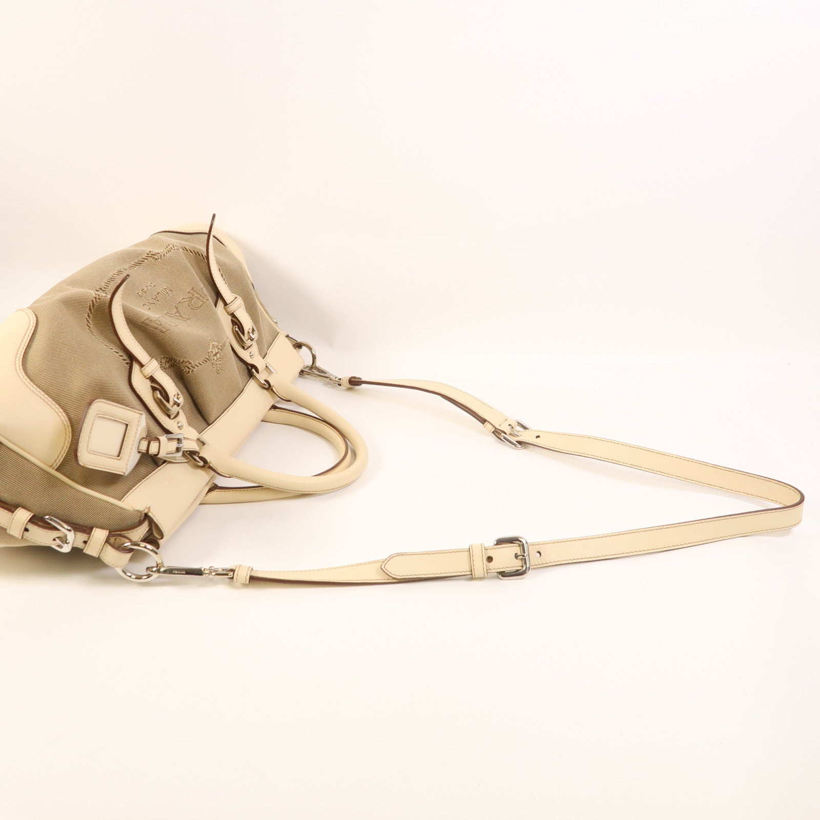 PRADA 【激減優惠】帆布/牛皮皮革2 Way Shoulder銀扣手挽肩背兩用袋