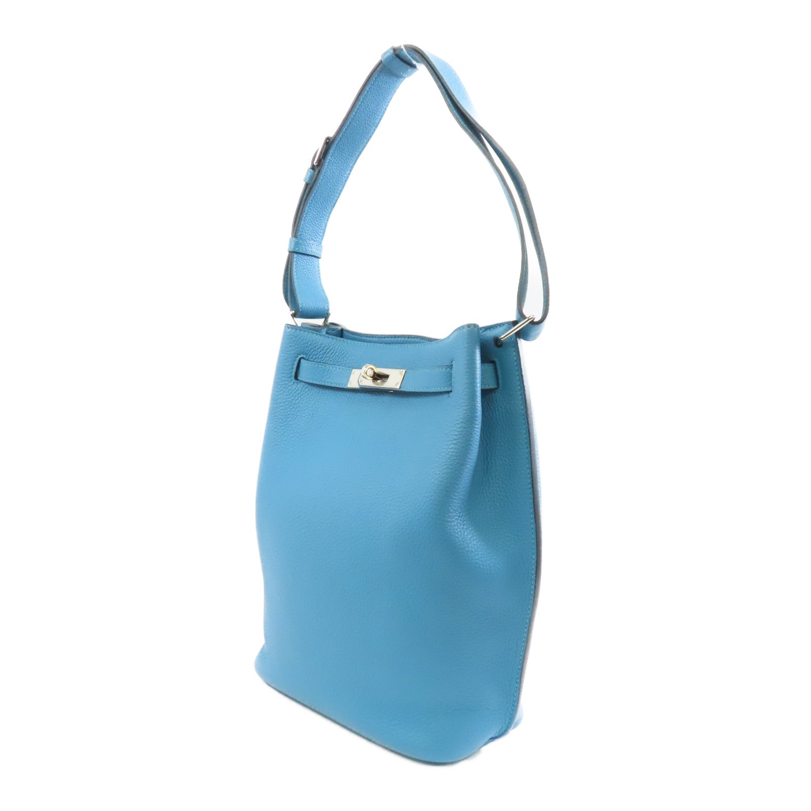 HERMES Clemence皮革So Kelly 22銀扣肩背袋7B Turquoise/土耳其亮藍
