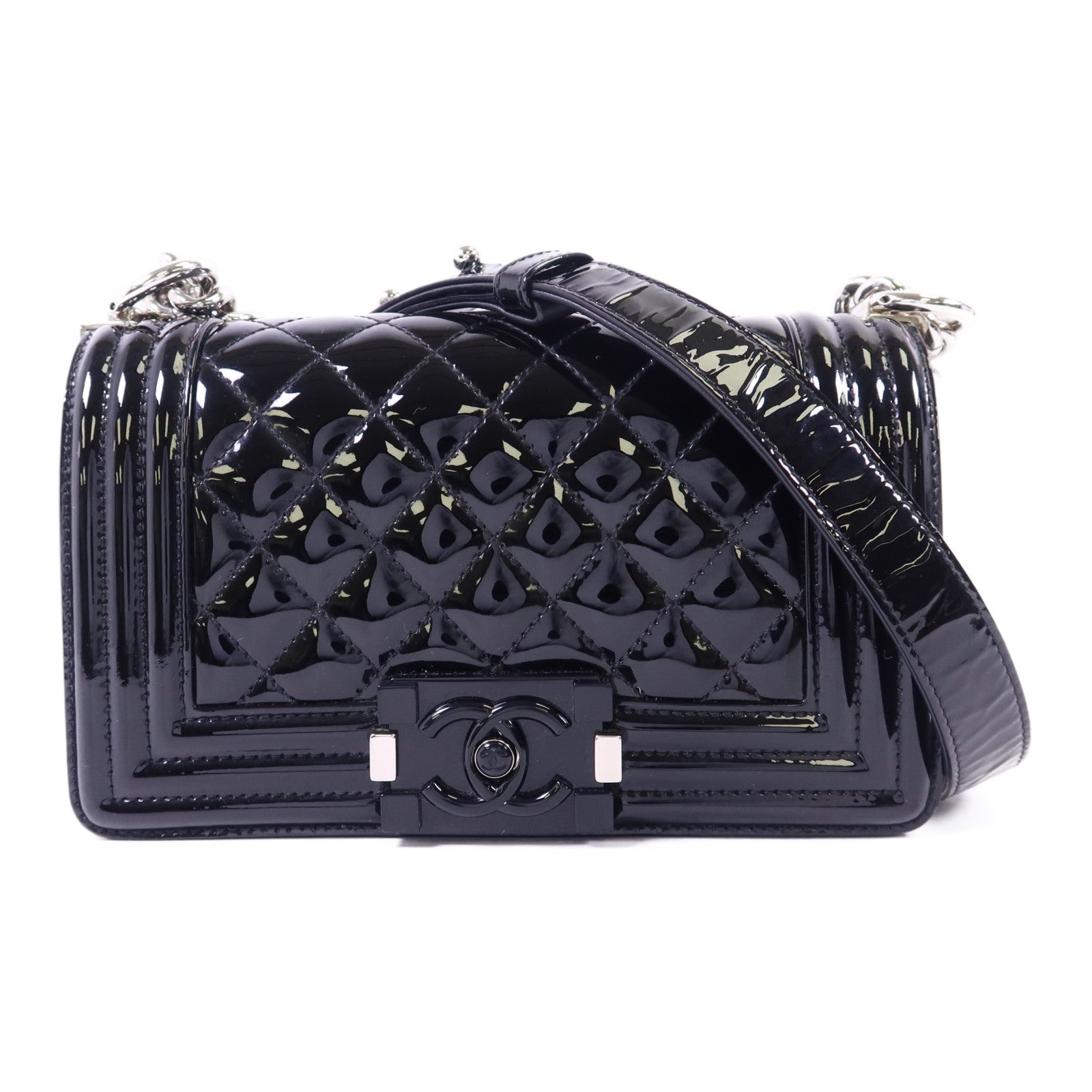CHANEL 漆皮皮革Boy 20銀扣鏈帶肩背袋