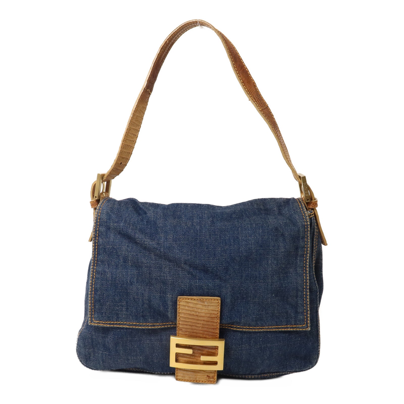 FENDI 牛仔布/蜥蝪皮革Mini Mamma Baguette Bag肩背袋