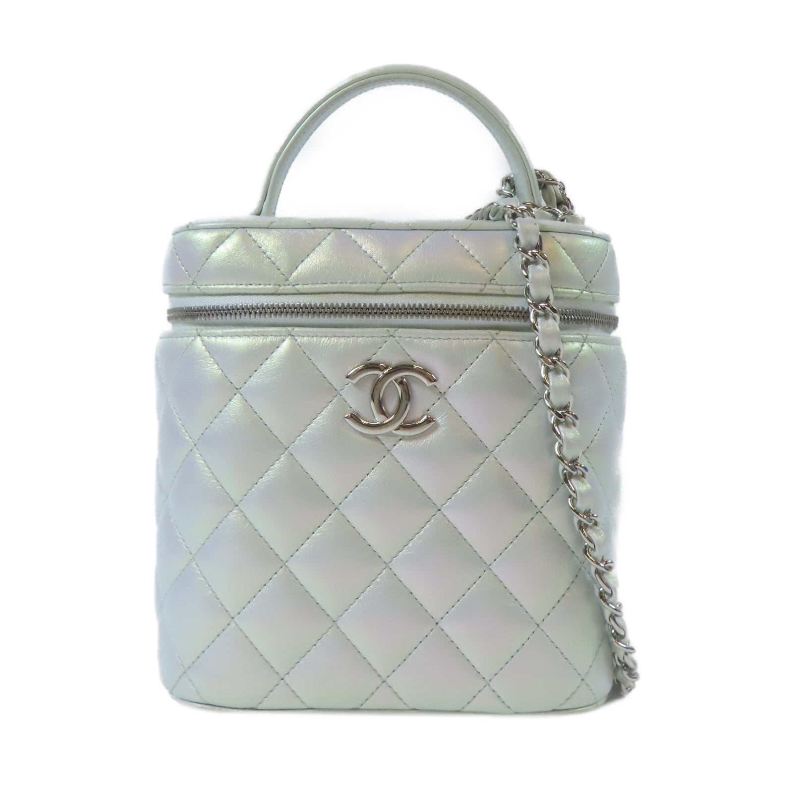 CHANEL 【激減優惠】菱格牛皮皮革Vanity Case銀扣鏈帶肩背袋淺綠色
