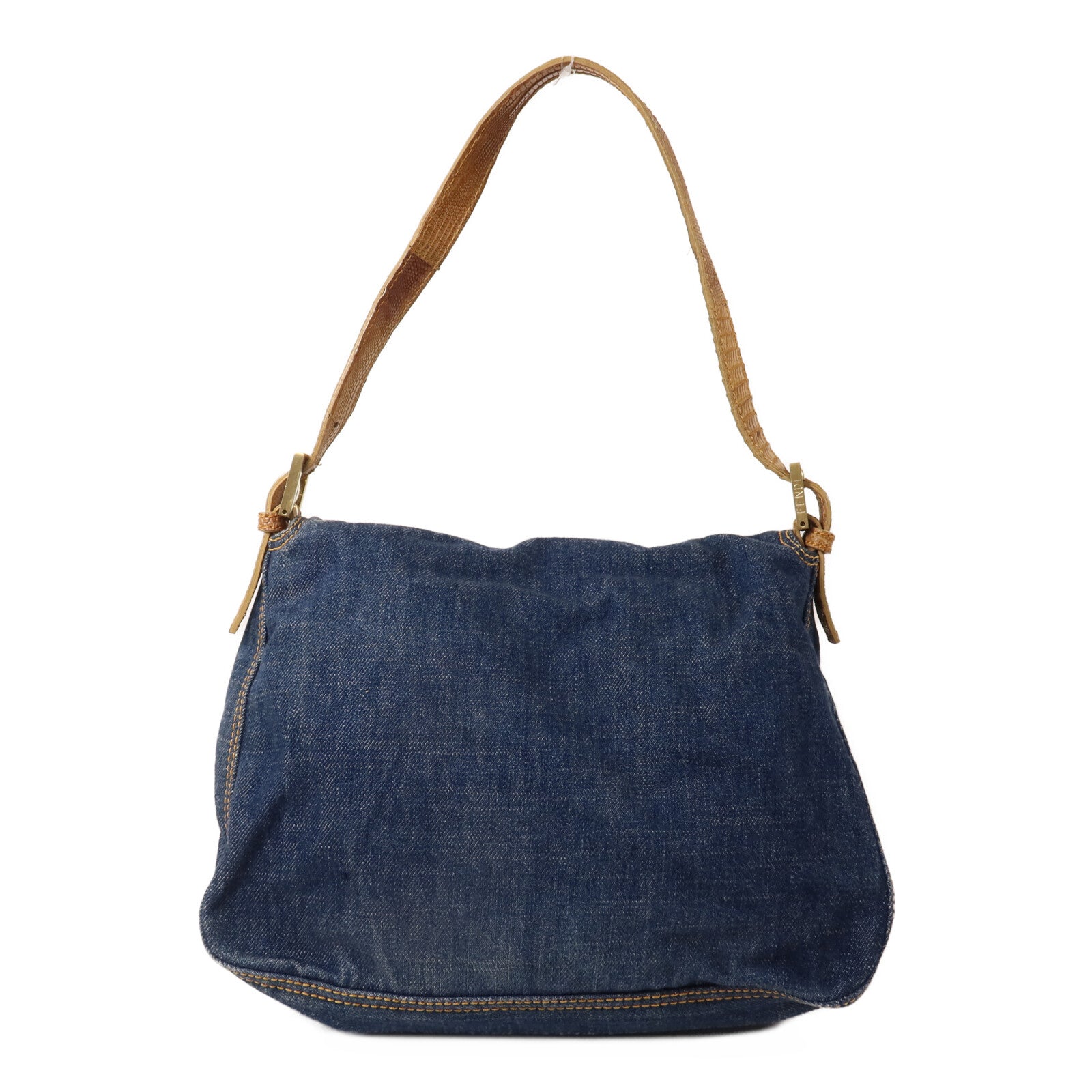 FENDI 牛仔布/蜥蝪皮革Mini Mamma Baguette Bag肩背袋