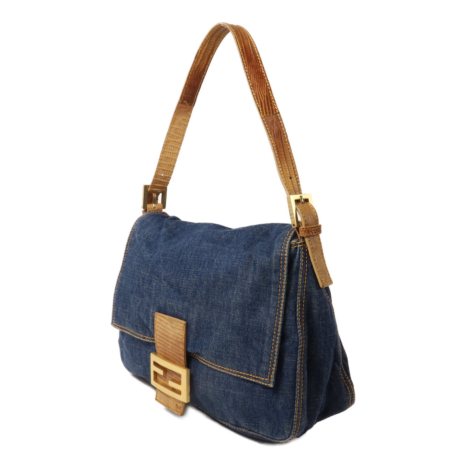 FENDI 牛仔布/蜥蝪皮革Mini Mamma Baguette Bag肩背袋