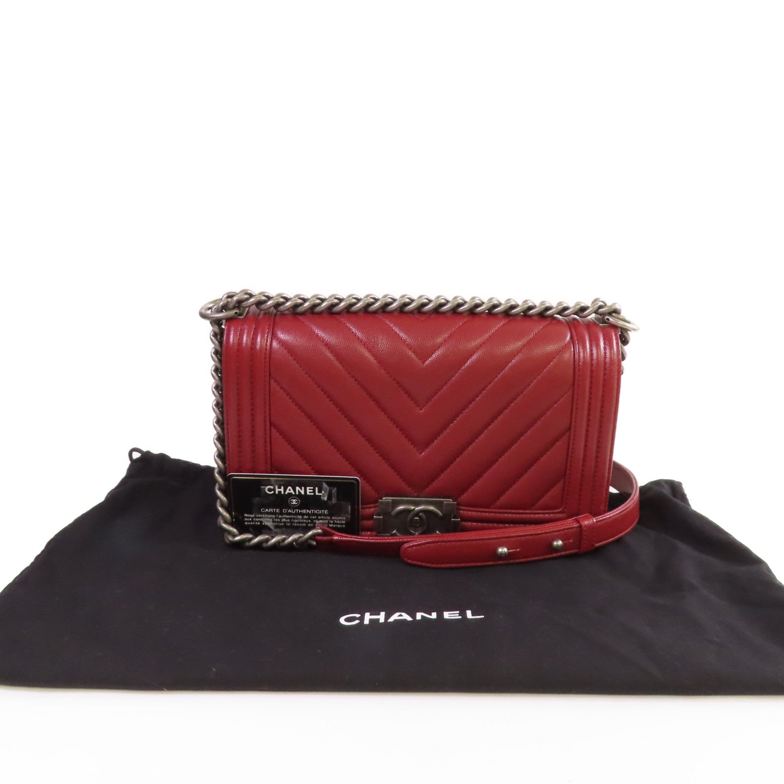 CHANEL 【激減優惠】菱格Caviar皮革Boy Chanel 25 Chain Shoulder Bag銀扣鏈帶肩背袋紅色