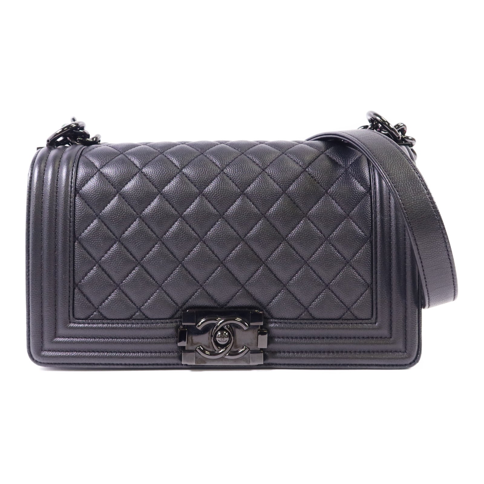 CHANEL 牛皮皮革Boy 25黑扣鏈帶肩背袋