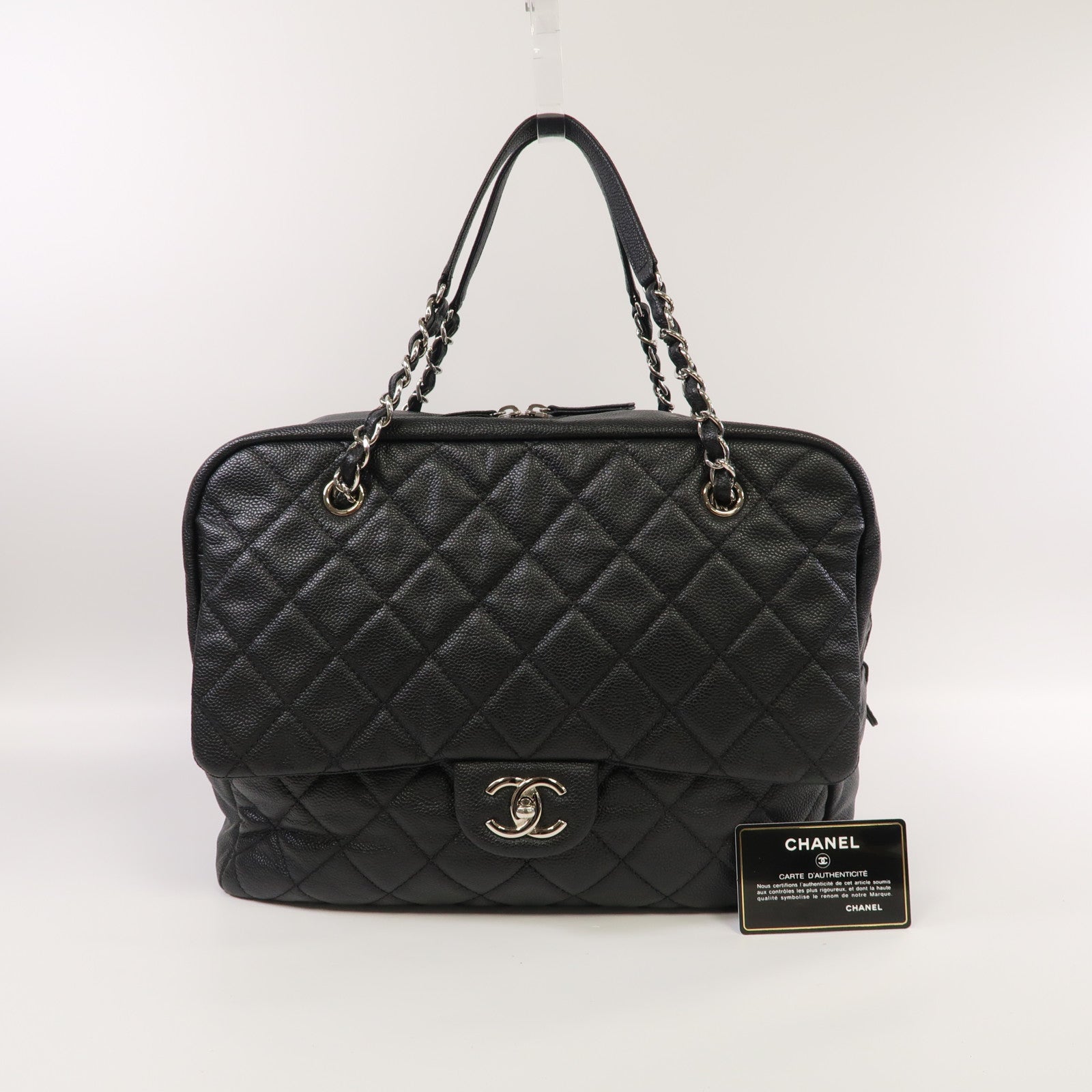 CHANEL 菱格Caviar皮革Chain Shoulder銀扣鏈帶肩背袋黑色