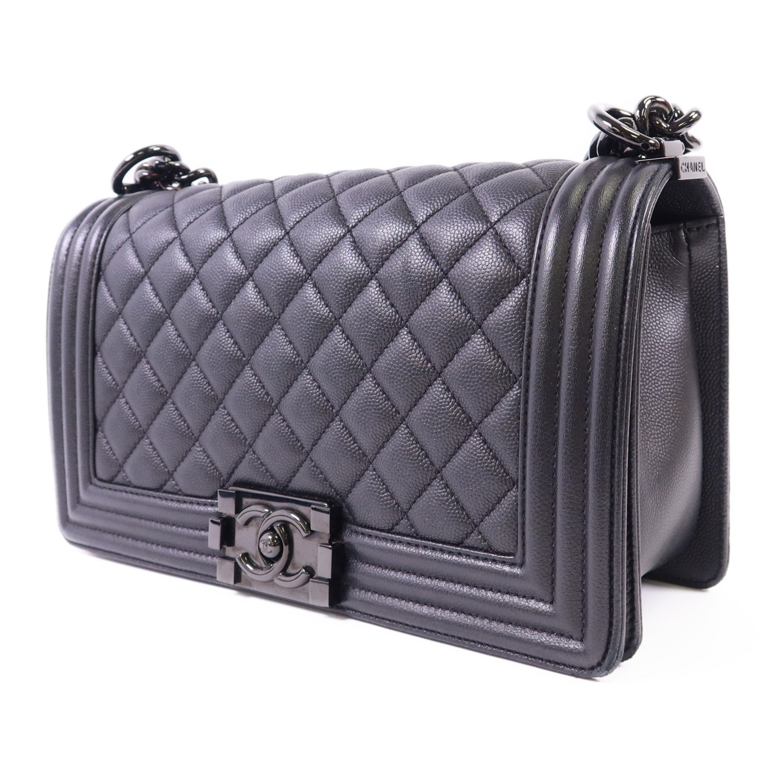 CHANEL 牛皮皮革Boy 25黑扣鏈帶肩背袋