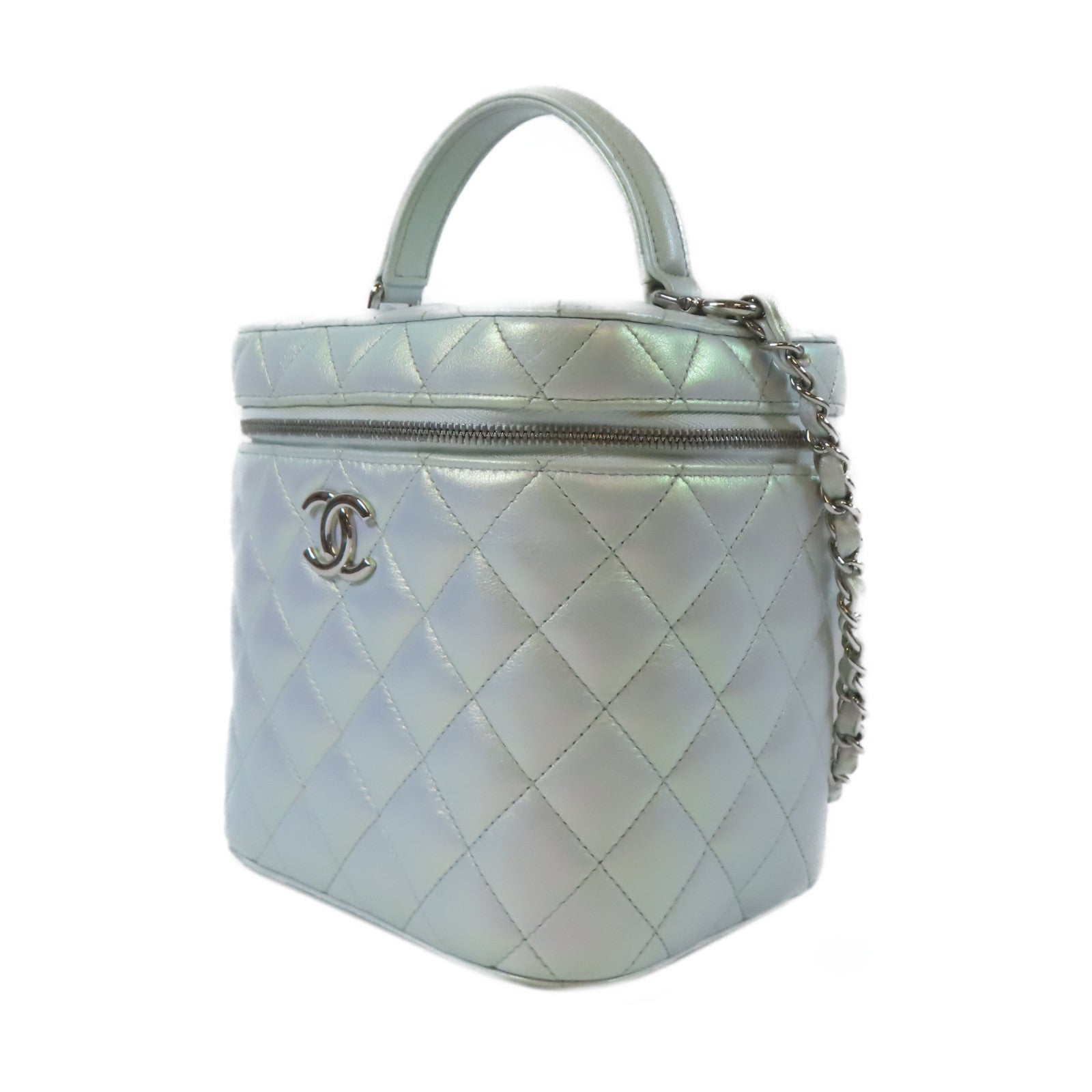 CHANEL 【激減優惠】菱格牛皮皮革Vanity Case銀扣鏈帶肩背袋淺綠色