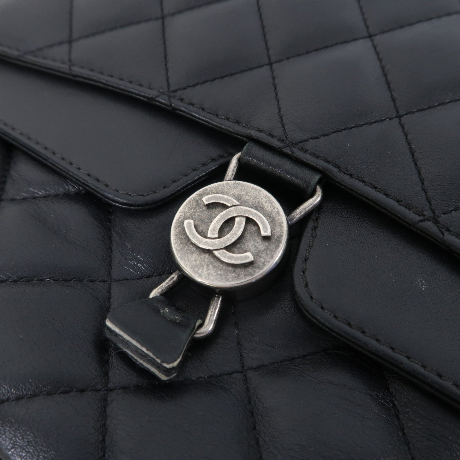 CHANEL 菱格牛皮皮革Chain Shoulder Bag銀扣鏈帶肩背袋黑色