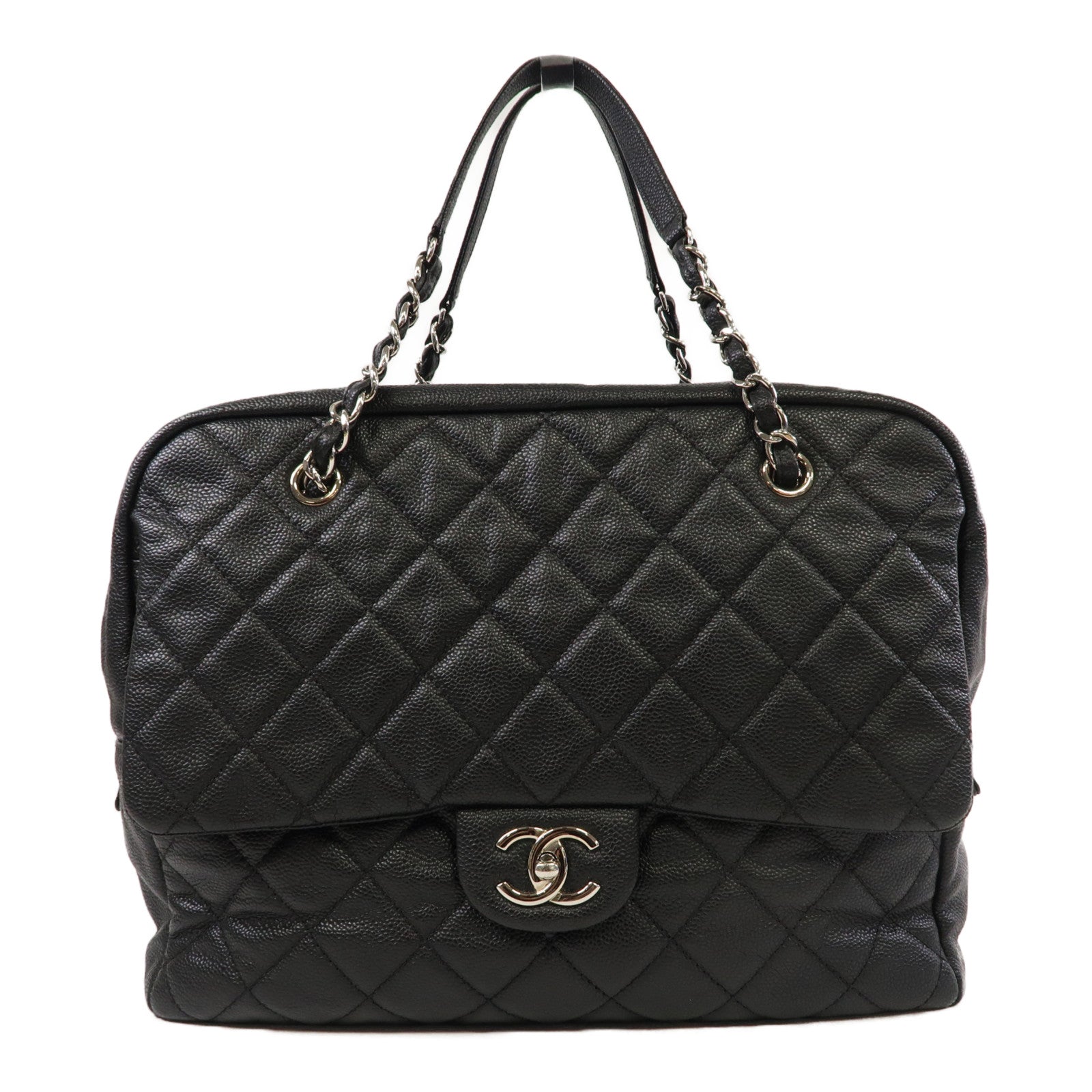 CHANEL 菱格Caviar皮革Chain Shoulder銀扣鏈帶肩背袋黑色