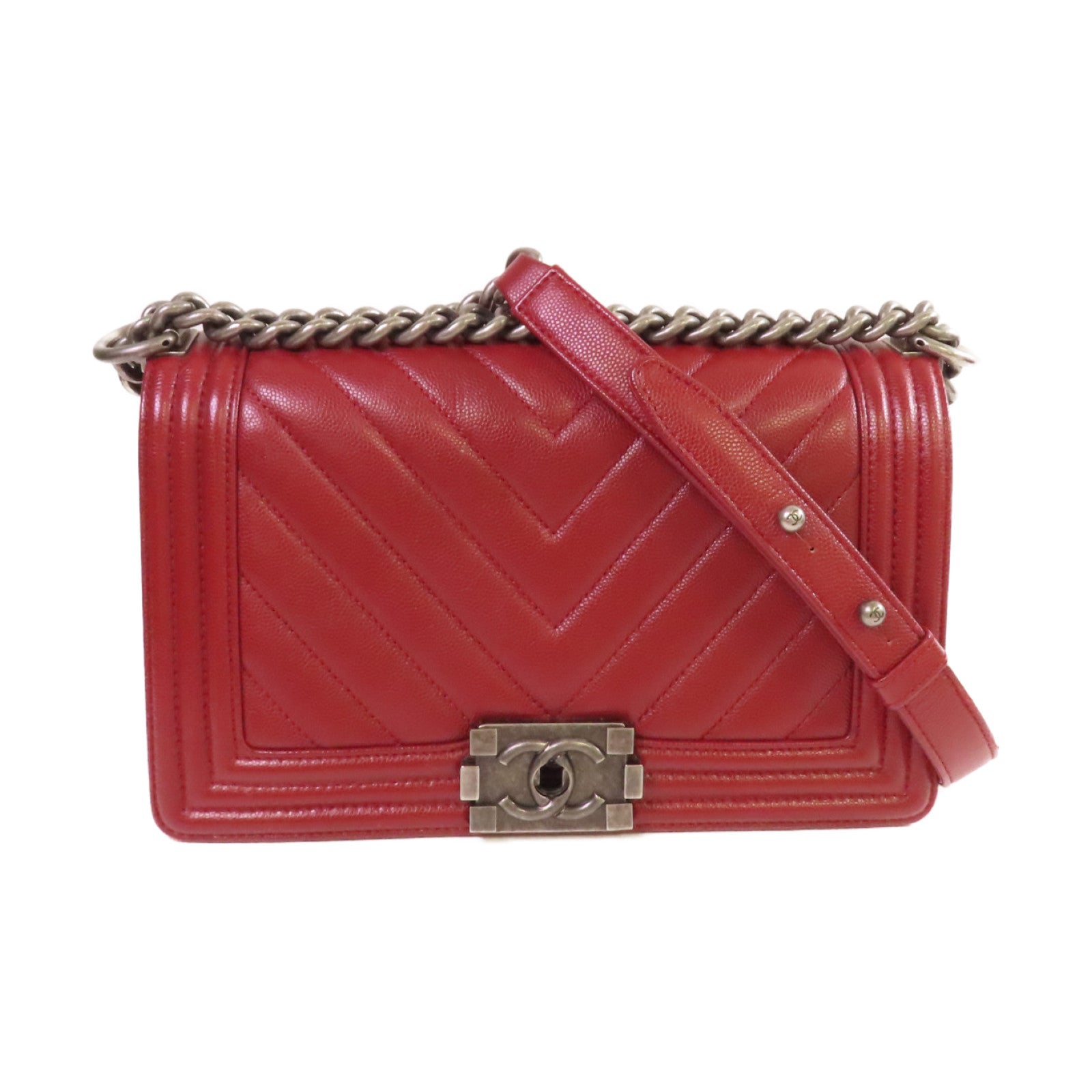 CHANEL 【激減優惠】菱格Caviar皮革Boy Chanel 25 Chain Shoulder Bag銀扣鏈帶肩背袋紅色