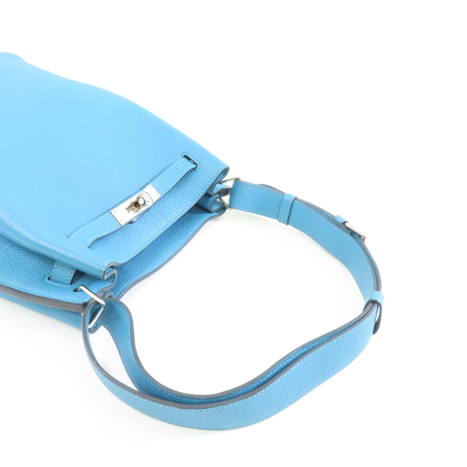 HERMES Clemence皮革So Kelly 22銀扣肩背袋7B Turquoise/土耳其亮藍