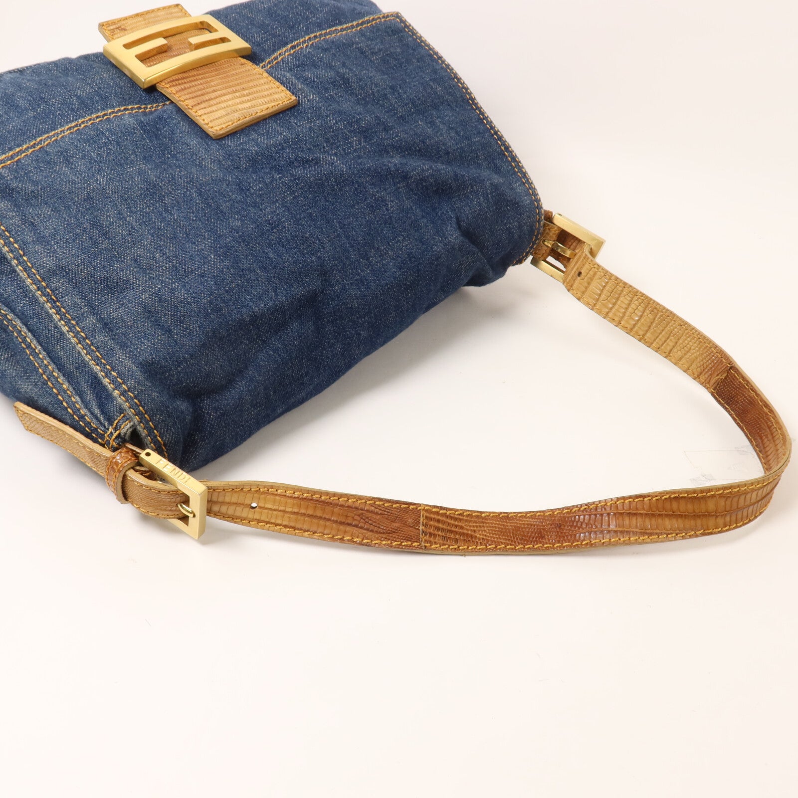 FENDI 牛仔布/蜥蝪皮革Mini Mamma Baguette Bag肩背袋