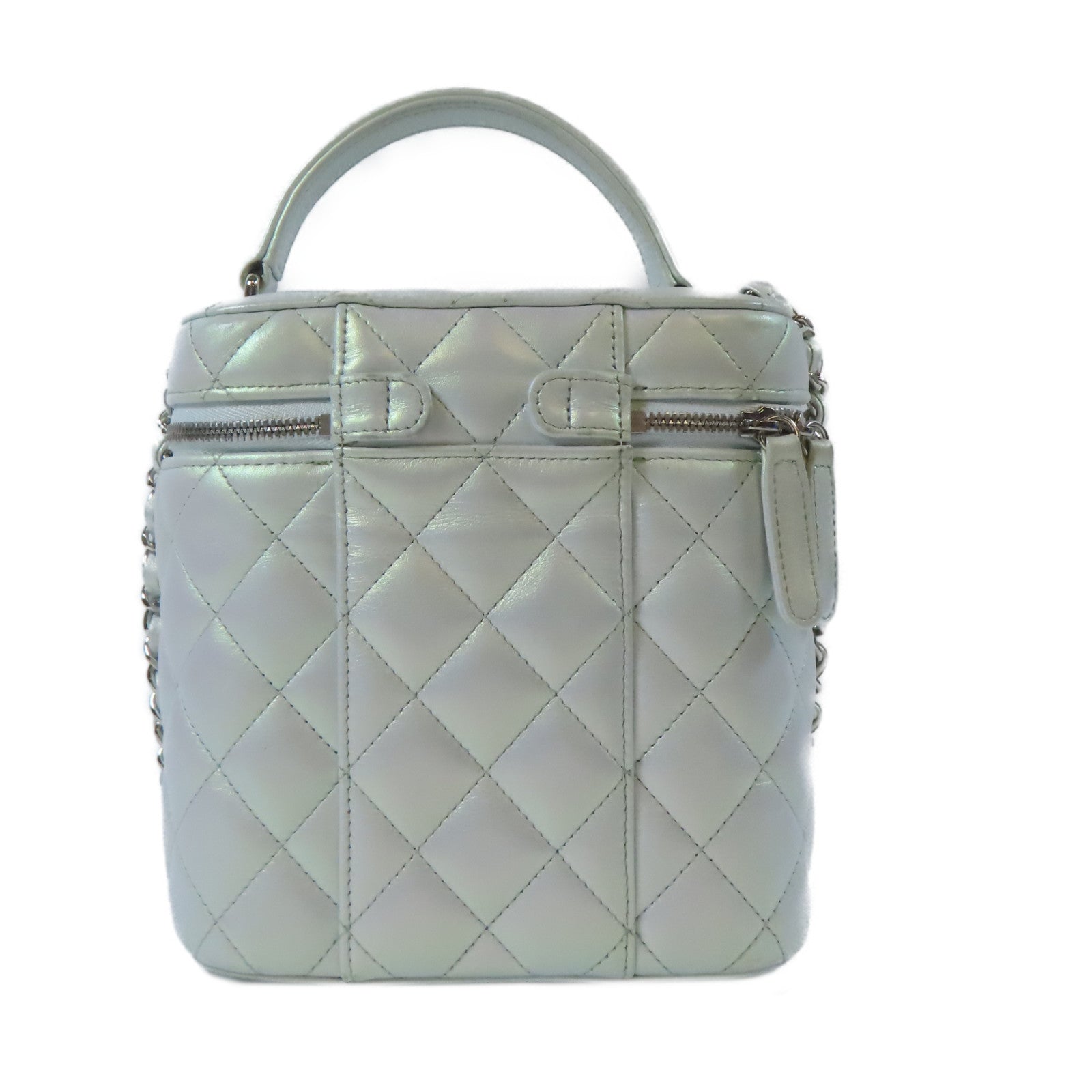 CHANEL 【激減優惠】菱格牛皮皮革Vanity Case銀扣鏈帶肩背袋淺綠色