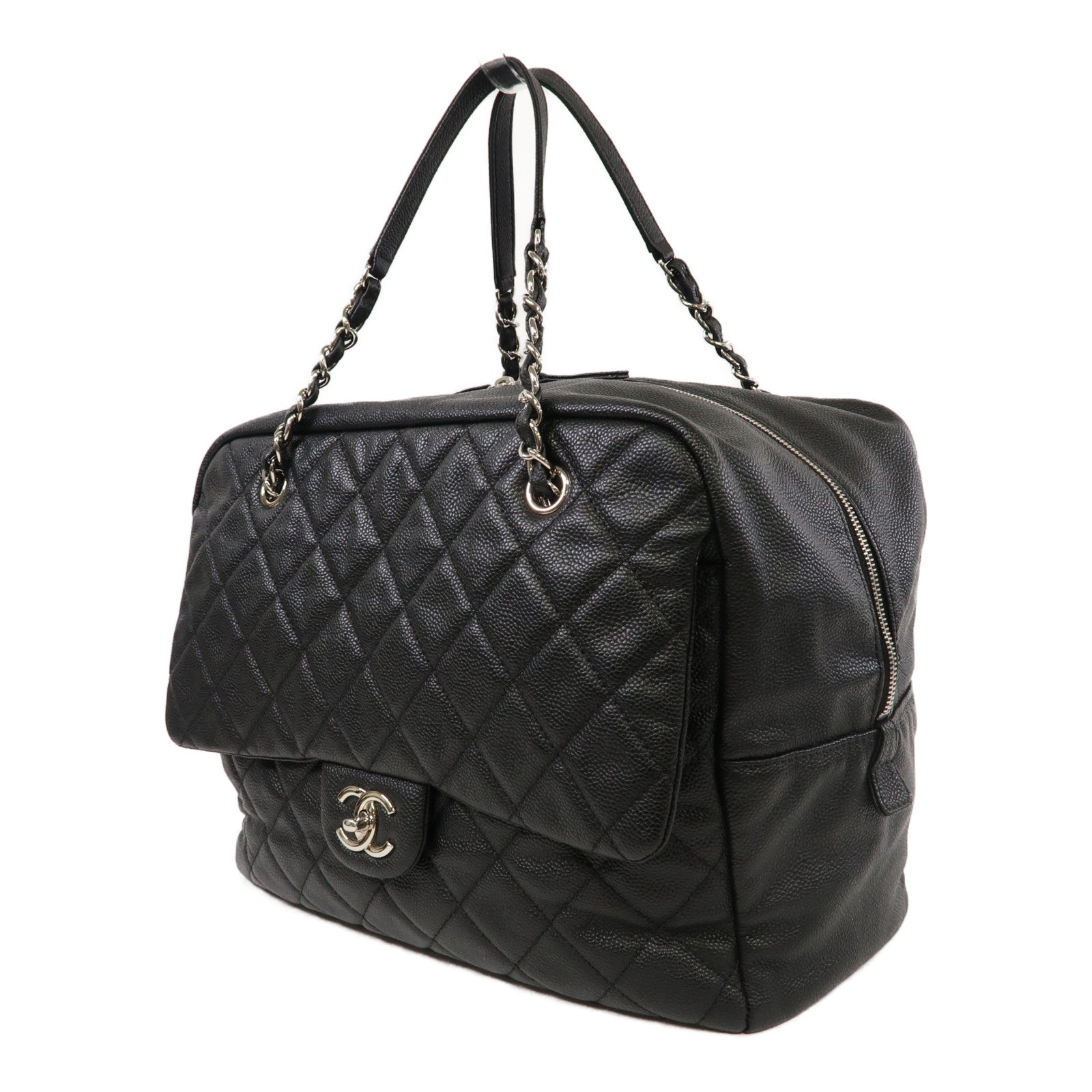 CHANEL 菱格Caviar皮革Chain Shoulder銀扣鏈帶肩背袋黑色