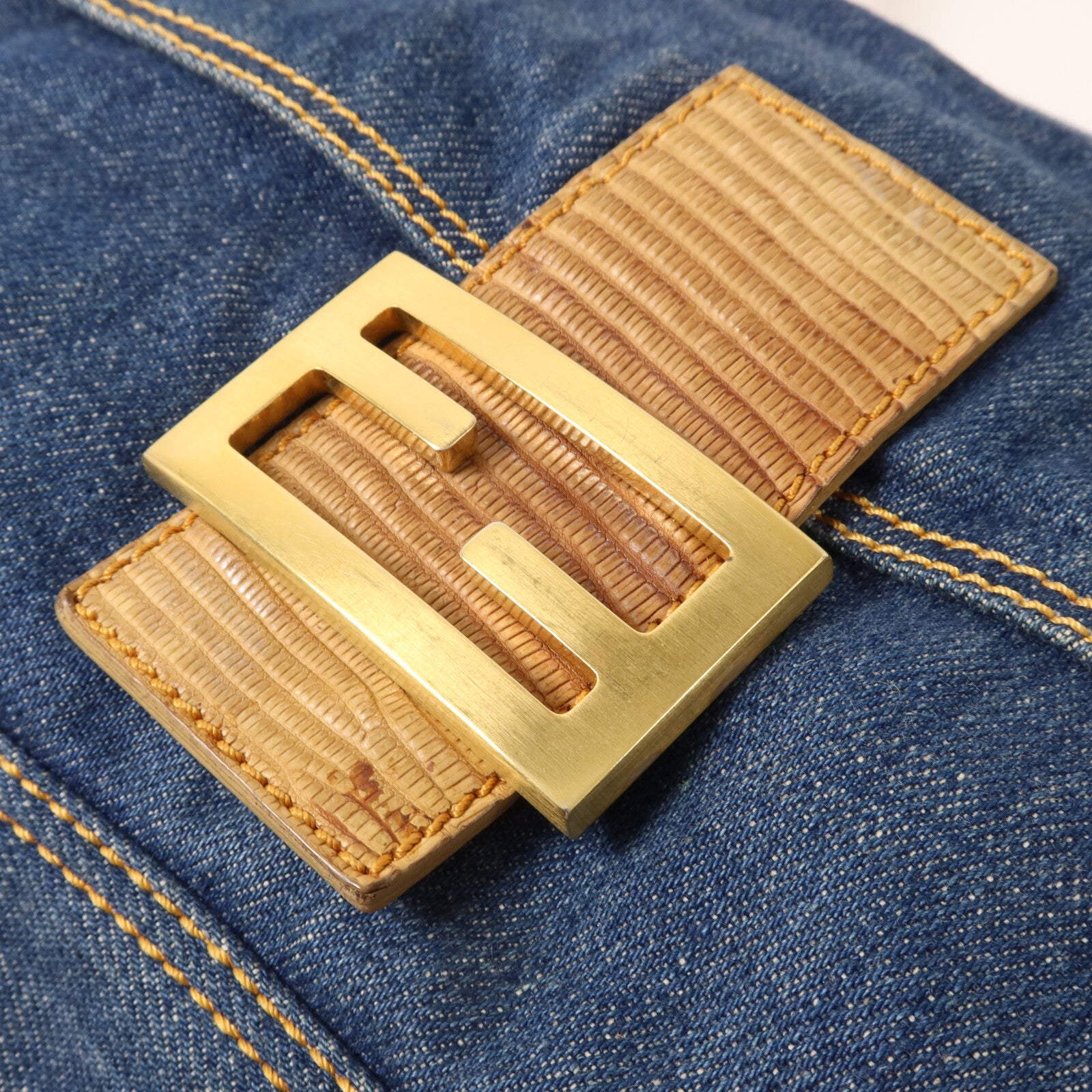 FENDI 牛仔布/蜥蝪皮革Mini Mamma Baguette Bag肩背袋